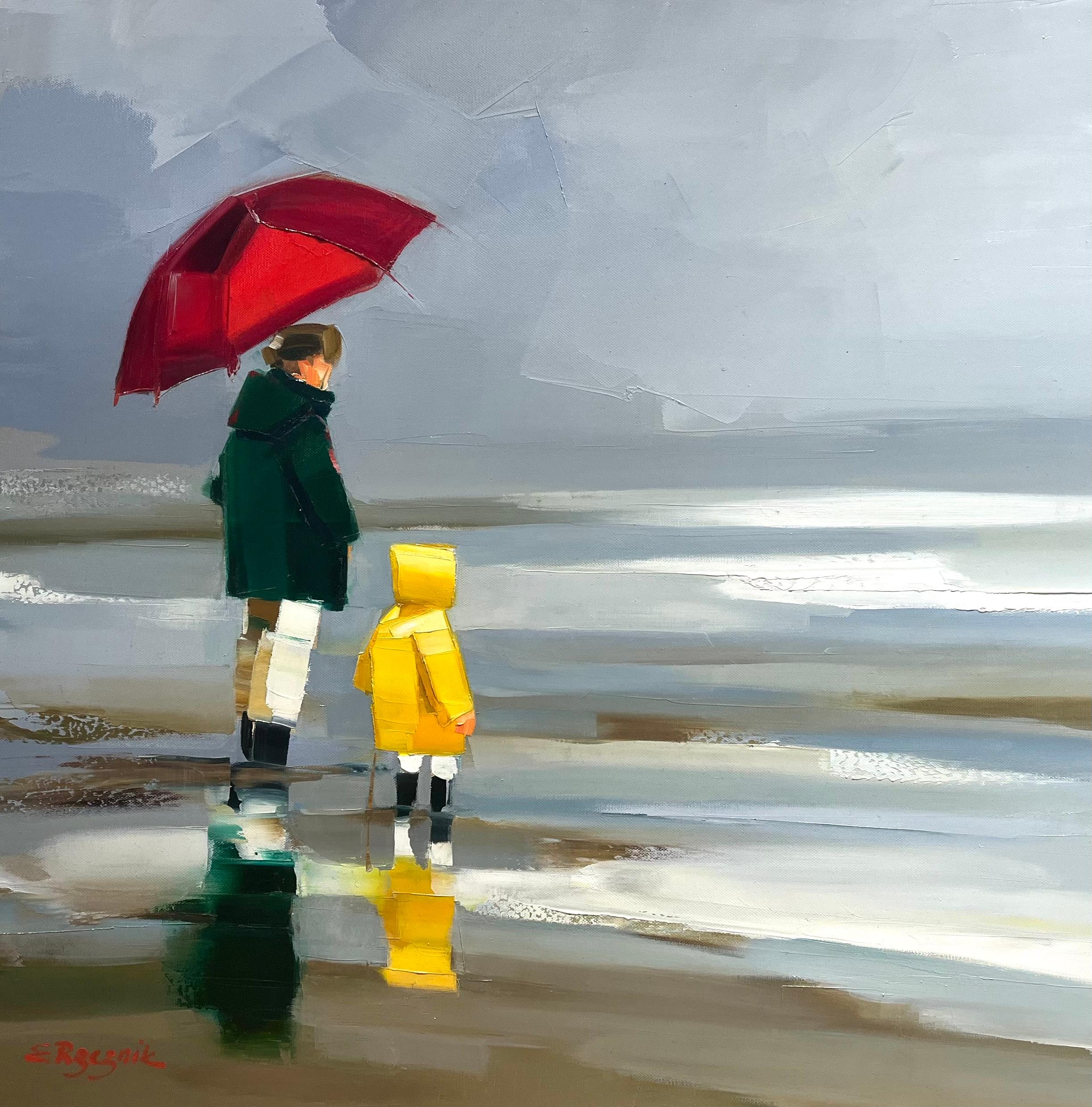 Figurative Painting Ewa Rzeznik - « Red Umbrella » - Peinture à l'huile contemporaine d'une mère et d'un enfant sur la plage