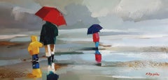 « Sans la Pluie » - Peinture à l'huile contemporaine d'une promenade rafraîchissante sur une plage