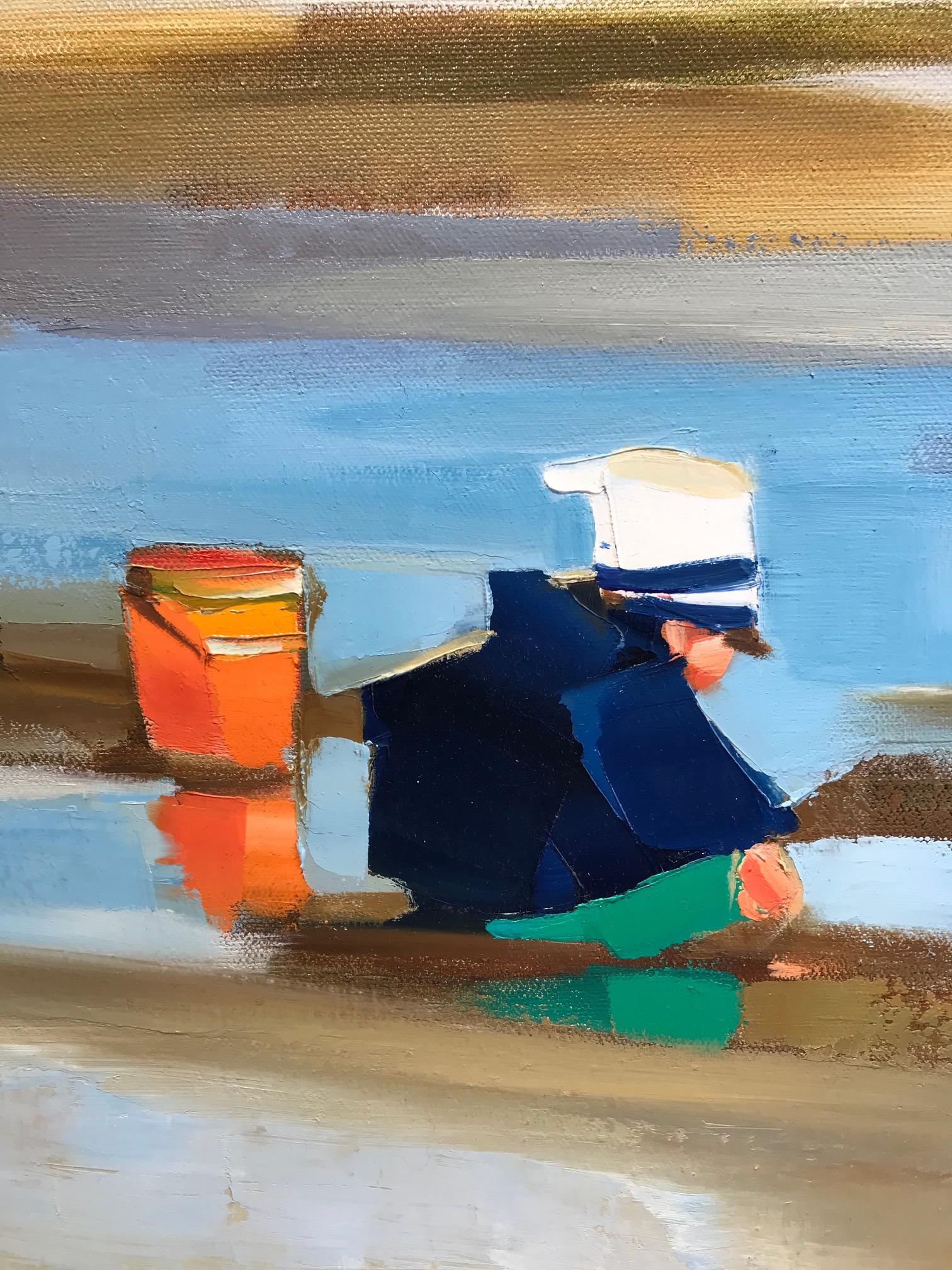 « Sunday Afternoon » - Peinture à l'huile contemporaine d'une famille sur la plage - Contemporain Painting par Ewa Rzeznik