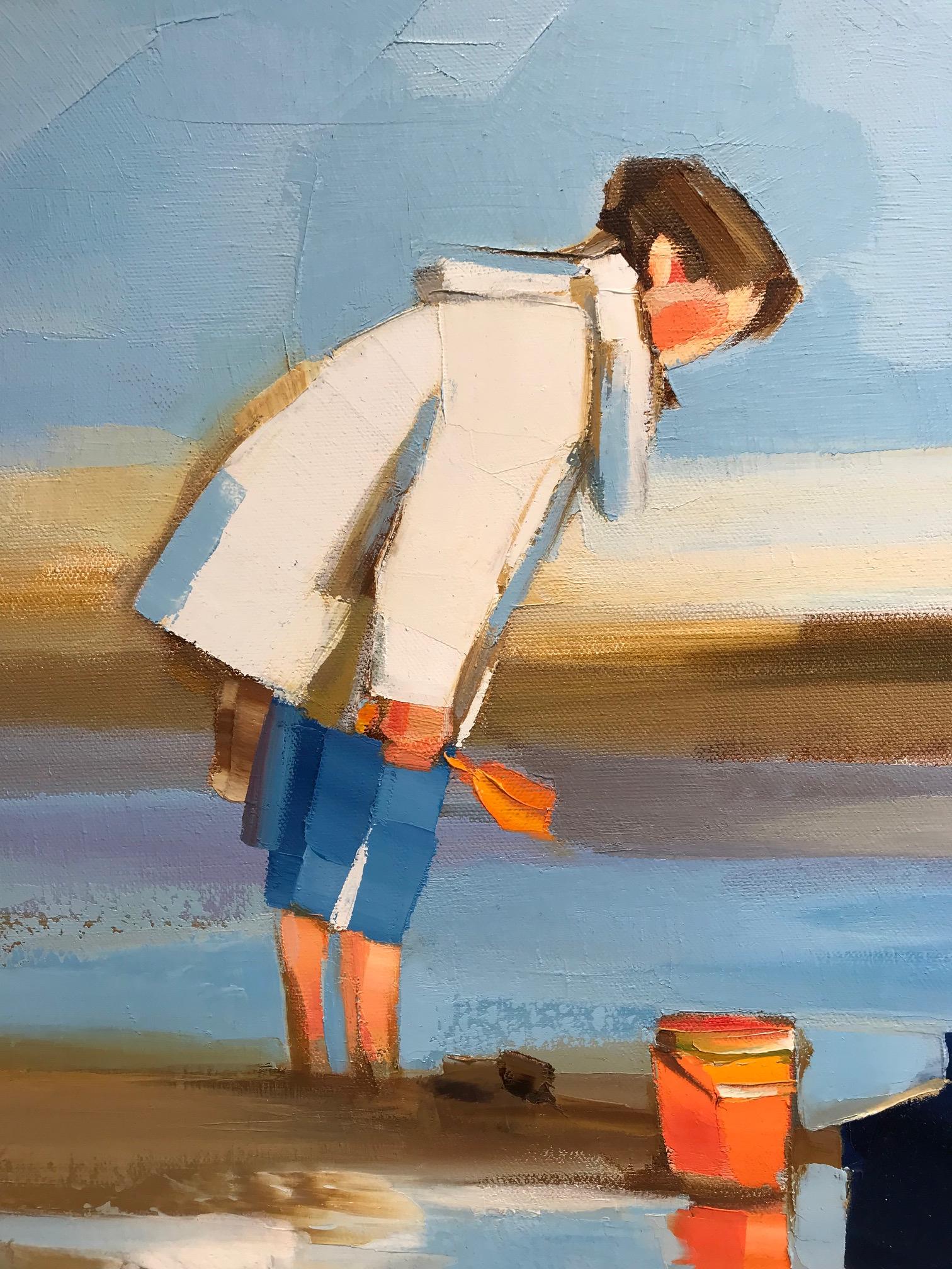 « Sunday Afternoon » - Peinture à l'huile contemporaine d'une famille sur la plage - Gris Figurative Painting par Ewa Rzeznik