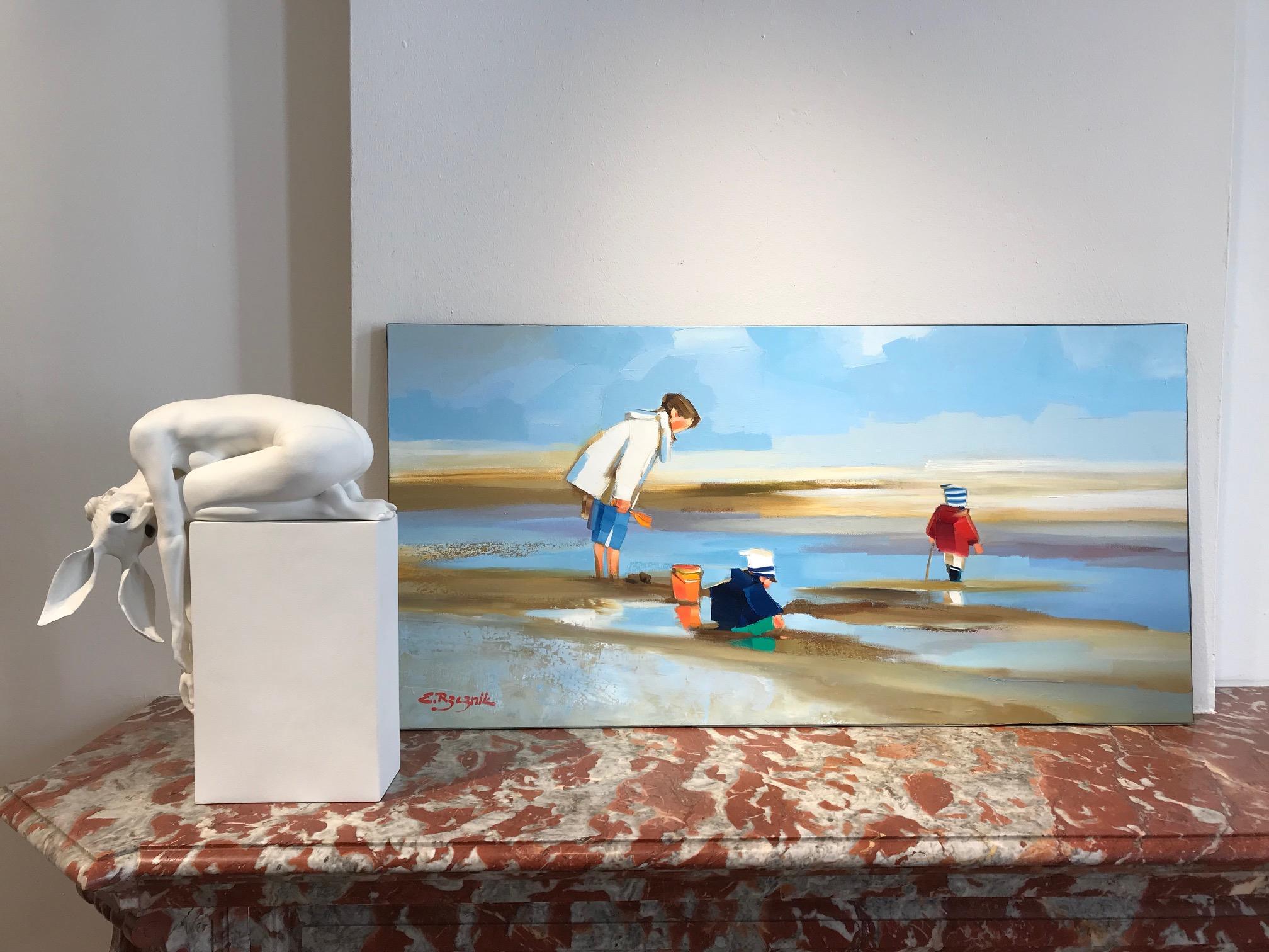 « Sunday Afternoon » - Peinture à l'huile contemporaine d'une famille sur la plage en vente 1