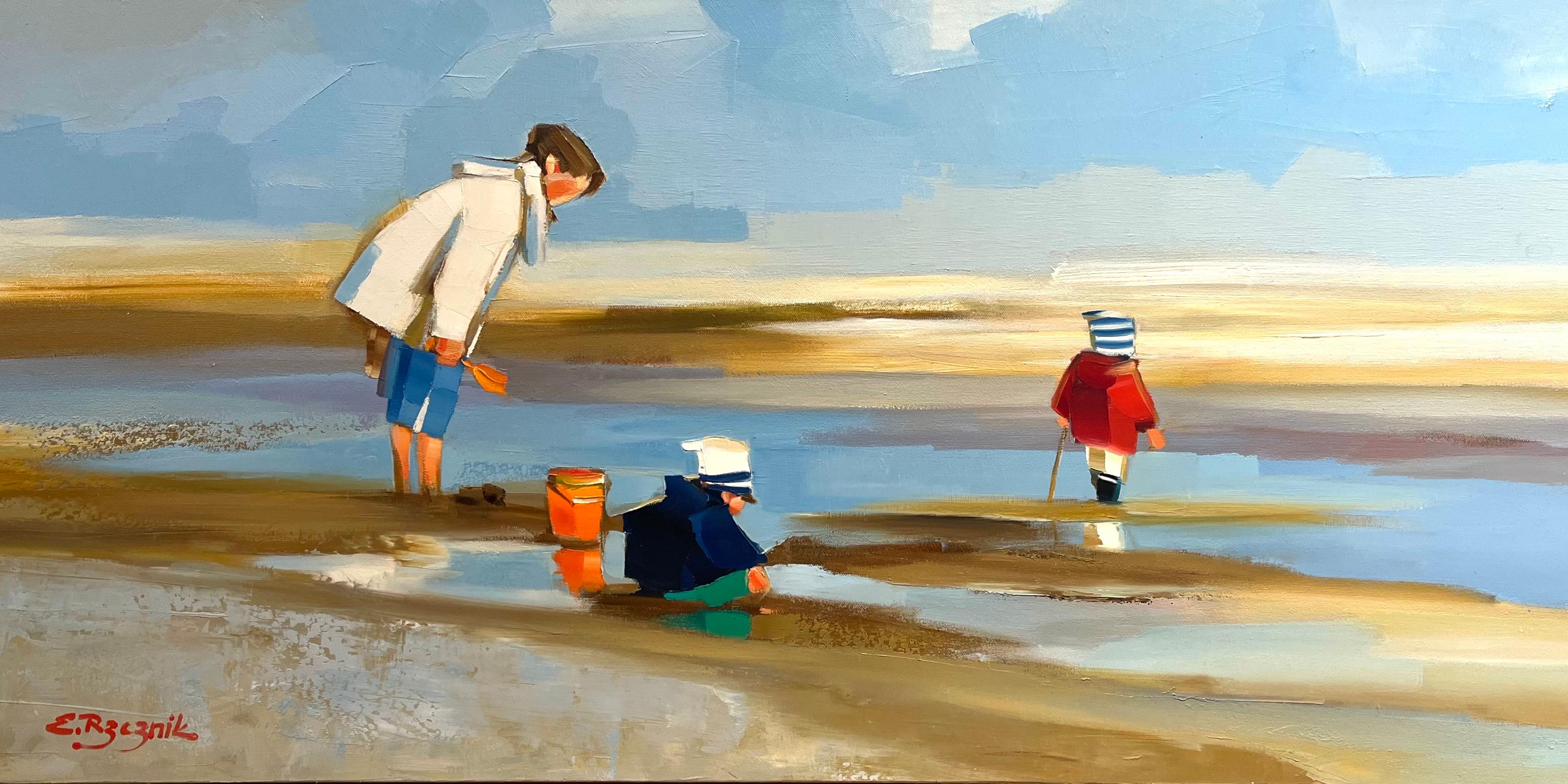 Figurative Painting Ewa Rzeznik - « Sunday Afternoon » - Peinture à l'huile contemporaine d'une famille sur la plage