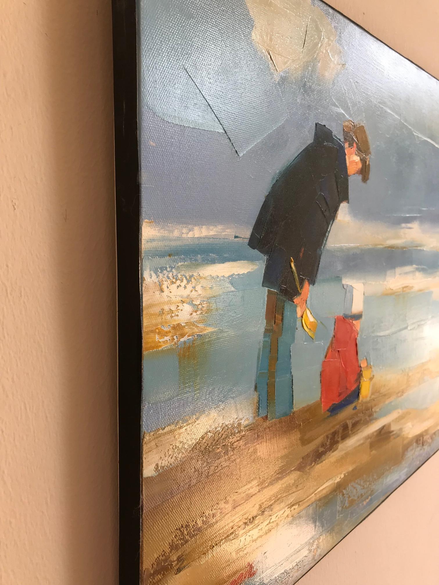 « Tendresse » - Peinture à l'huile contemporaine d'une mère et d'un enfant sur la plage - Painting de Ewa Rzeznik
