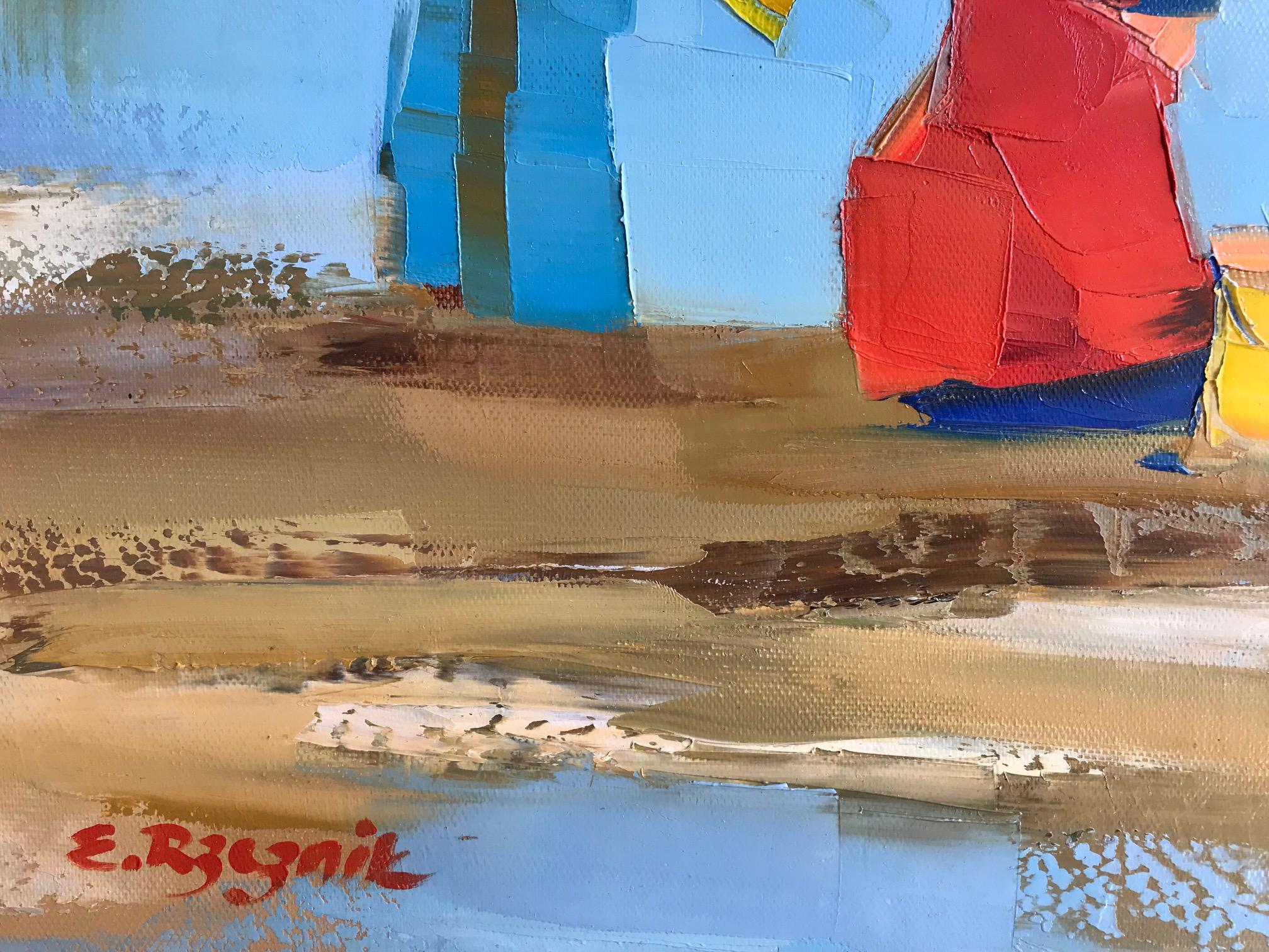 « Tendresse » - Peinture à l'huile contemporaine d'une mère et d'un enfant sur la plage - Bleu Figurative Painting par Ewa Rzeznik