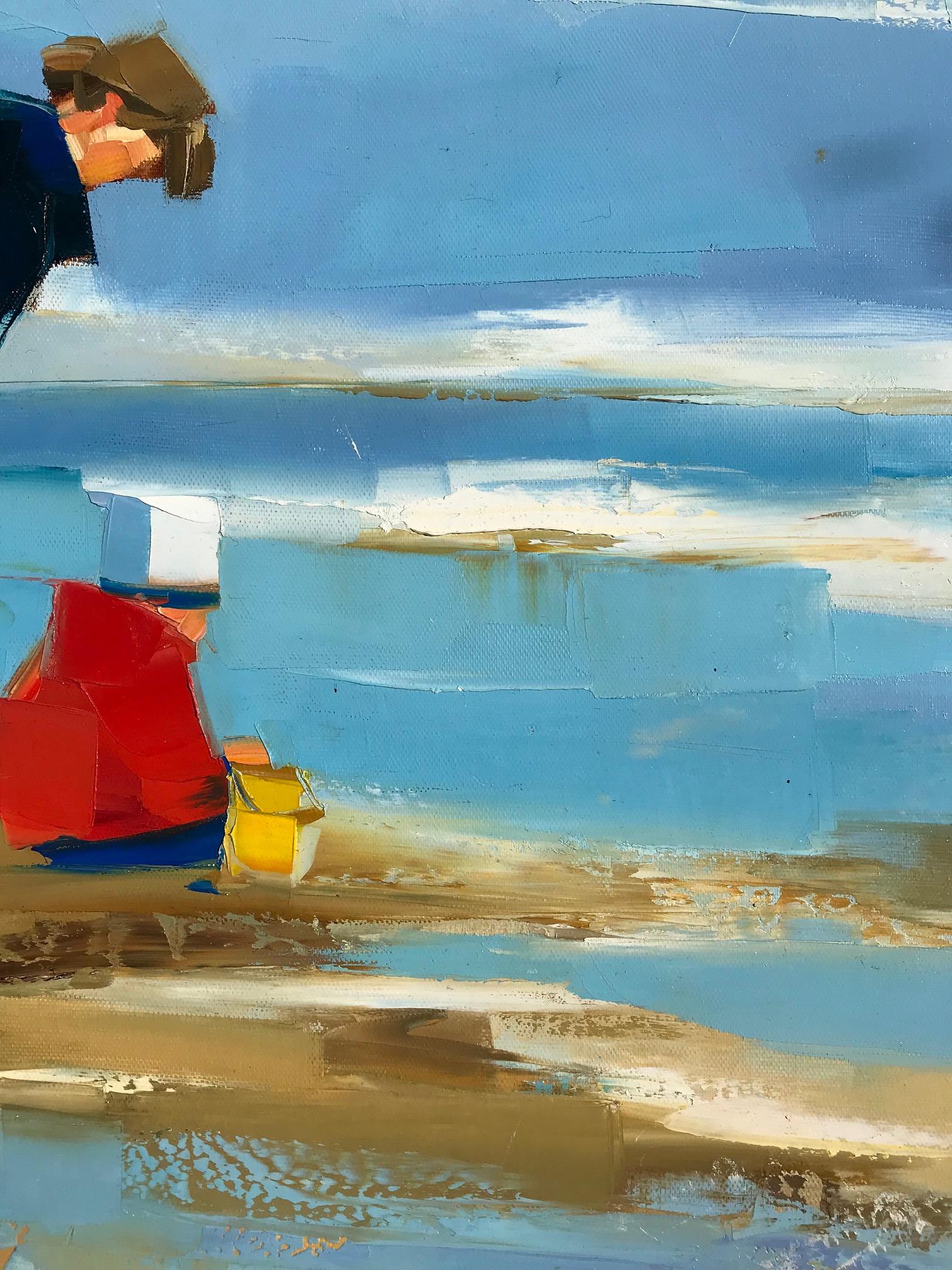 « Tendresse » - Peinture à l'huile contemporaine d'une mère et d'un enfant sur la plage en vente 1