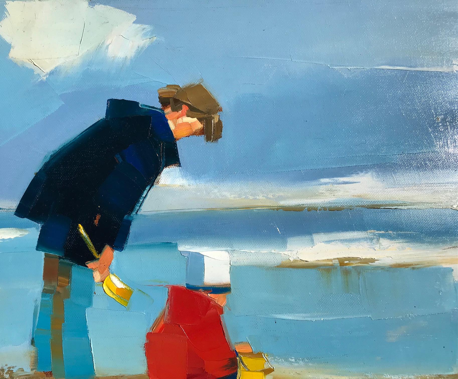 « Tendresse » - Peinture à l'huile contemporaine d'une mère et d'un enfant sur la plage en vente 3