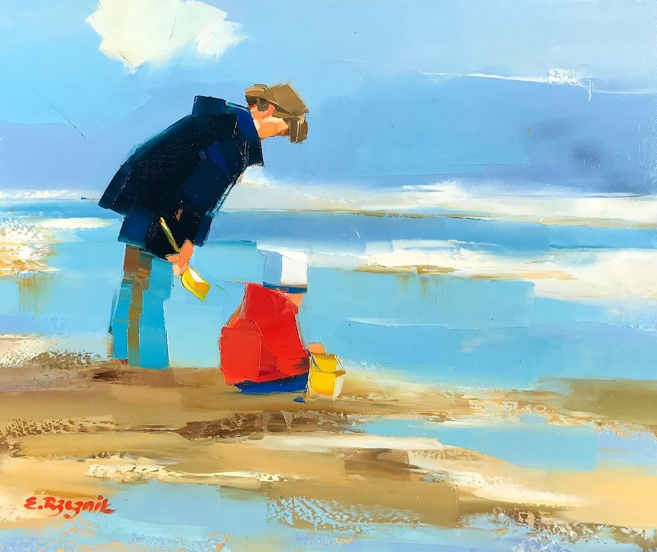 Figurative Painting Ewa Rzeznik - « Tendresse » - Peinture à l'huile contemporaine d'une mère et d'un enfant sur la plage