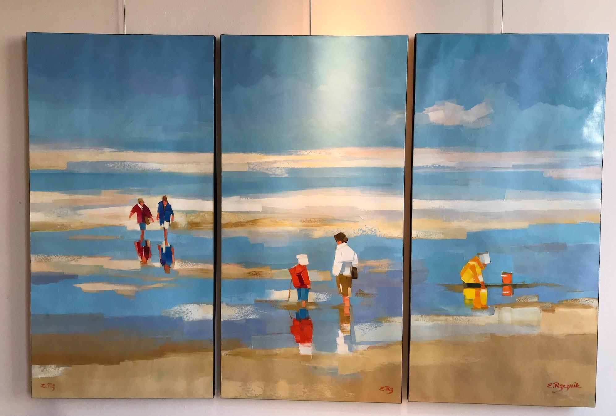 Ewa Rzeznik Figurative Painting - ''Un Matin D'été'' Contemporary Oil Painting of Parents and Kids on a Beach