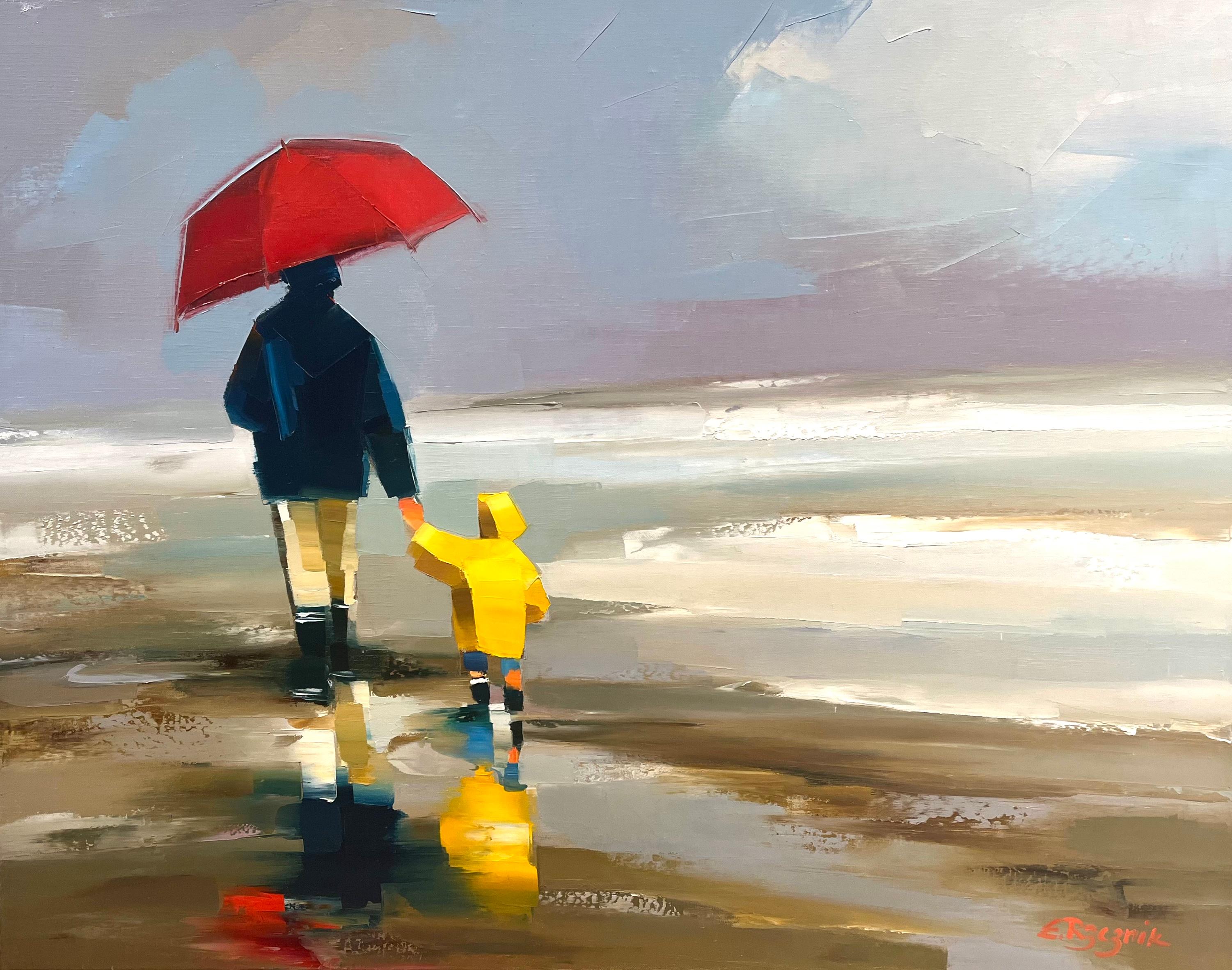 Ewa Rzeznik Figurative Painting - ''Walking on the Beach '' Contemporary Oil Painting of Family on the Beach