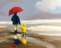 « Walking on the Beach » - Peinture à l'huile contemporaine d'une famille sur la plage