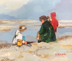 Watchful Rest, Impressionist French Beach Scene, Oil on Canvas Painting