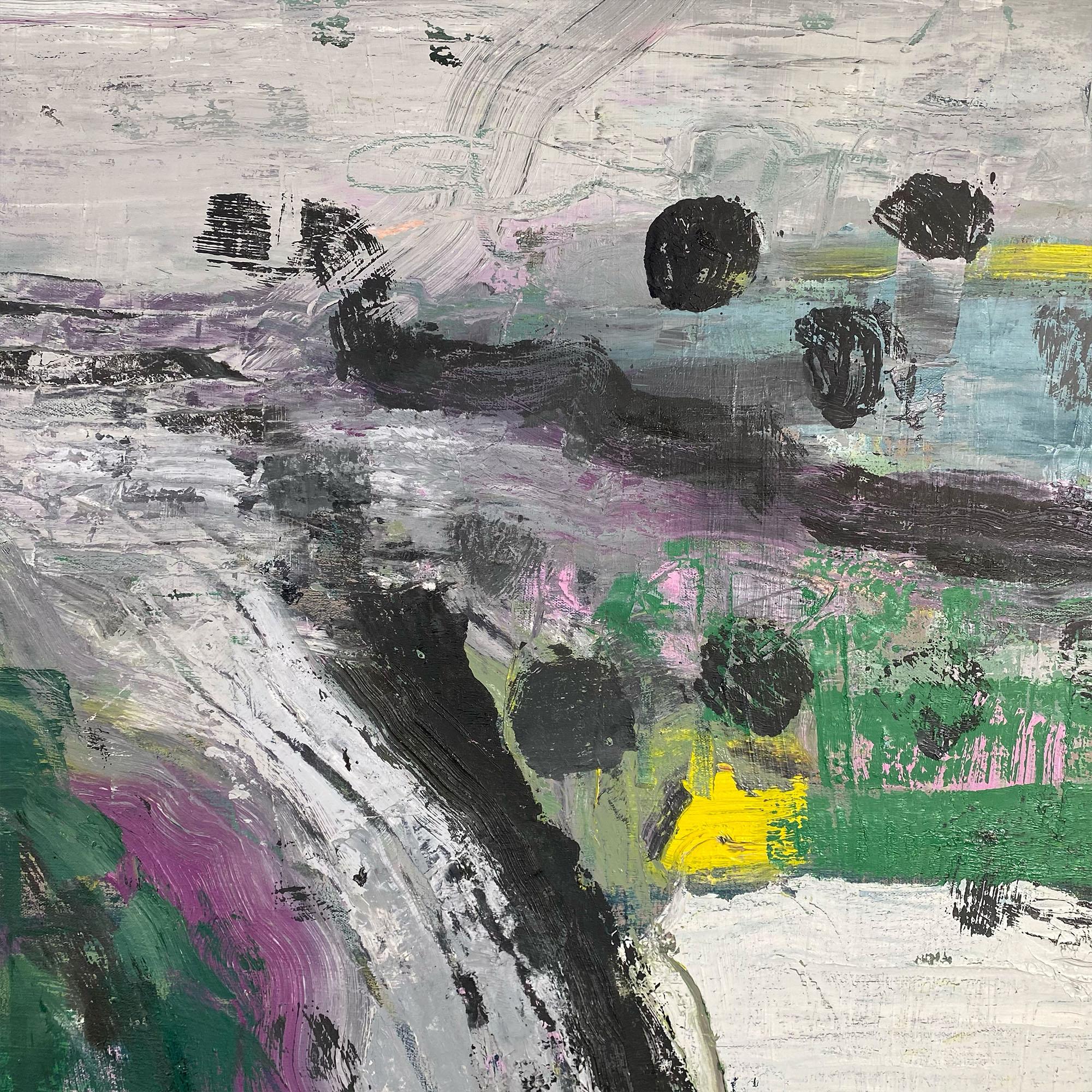 Côte-Nord 15, Quebec, Canada, Green grey highway road painting, oil on canvas - Painting by Ewa Stryjnik