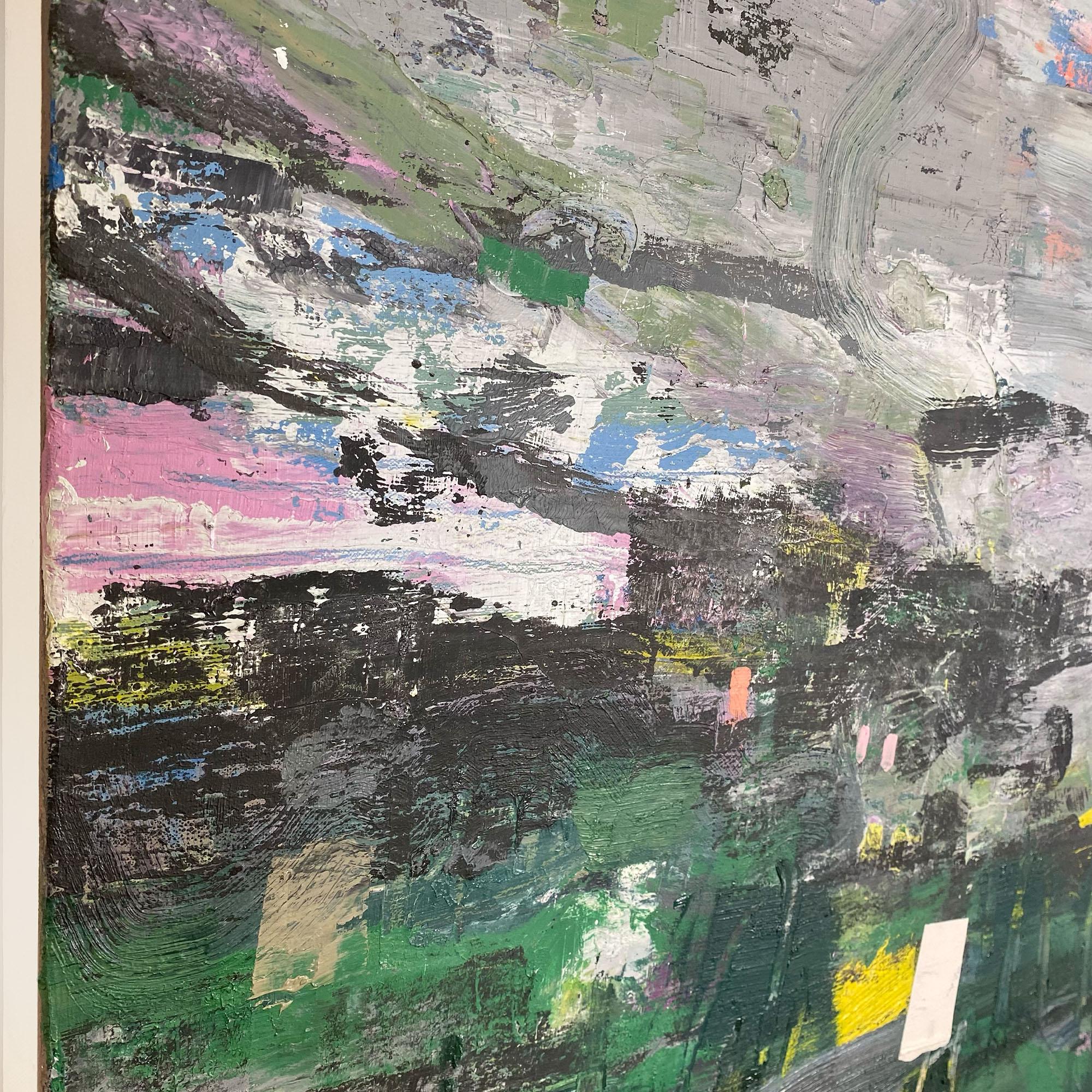 Côte-Nord 15, Quebec, Canada, Green grey highway road painting, oil on canvas - Gray Abstract Painting by Ewa Stryjnik