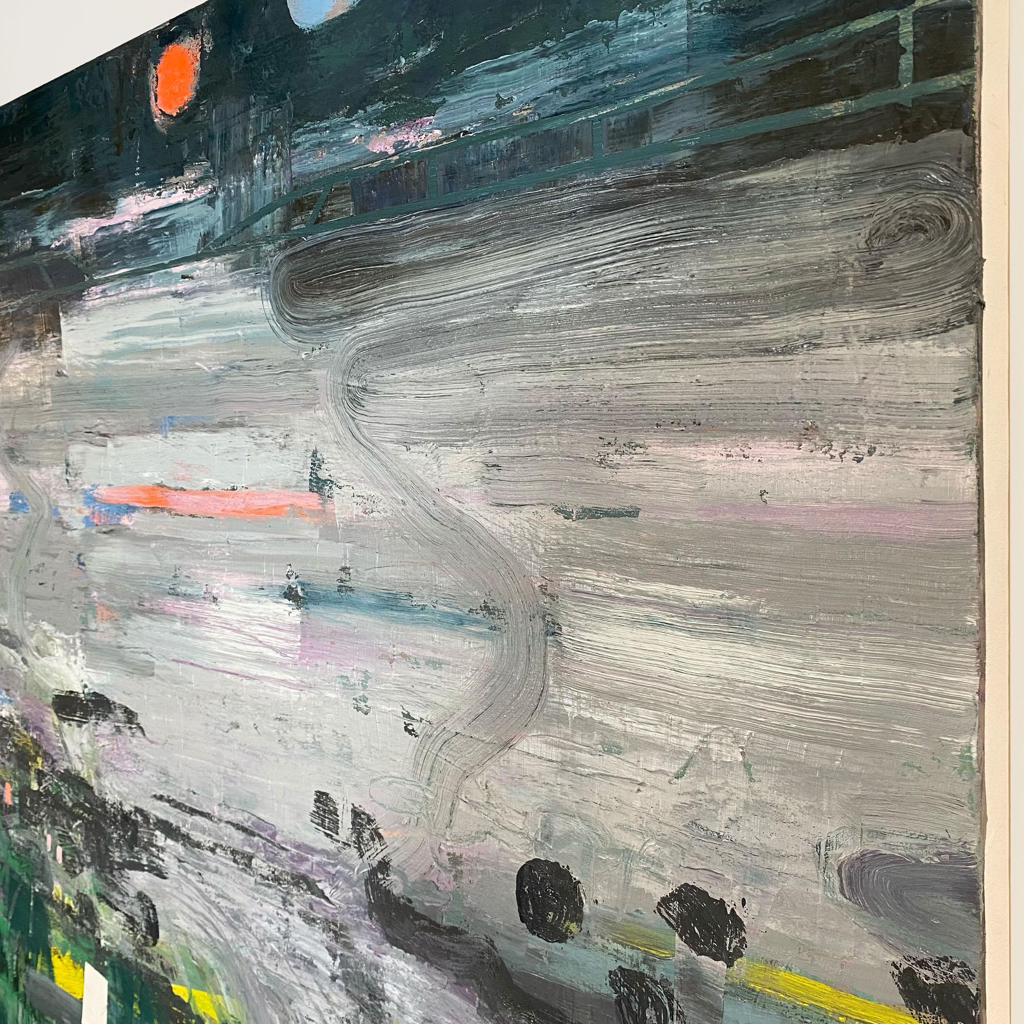 Côte-Nord 15, Quebec, Canada, Green grey highway road painting, oil on canvas For Sale 2