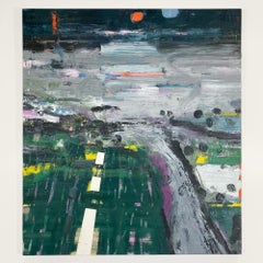 Côte-Nord 15, Quebec, Canada, Green grey highway road painting, oil on canvas