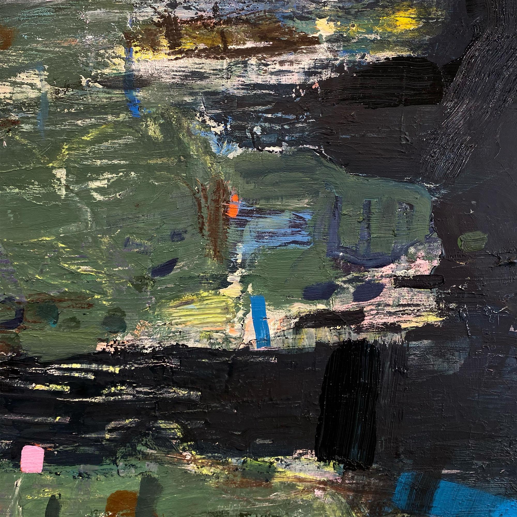 Côte-Nord 37, peinture à l'huile sombre et atmosphérique sur la lune au bord de l'eau - Noir Abstract Painting par Ewa Stryjnik