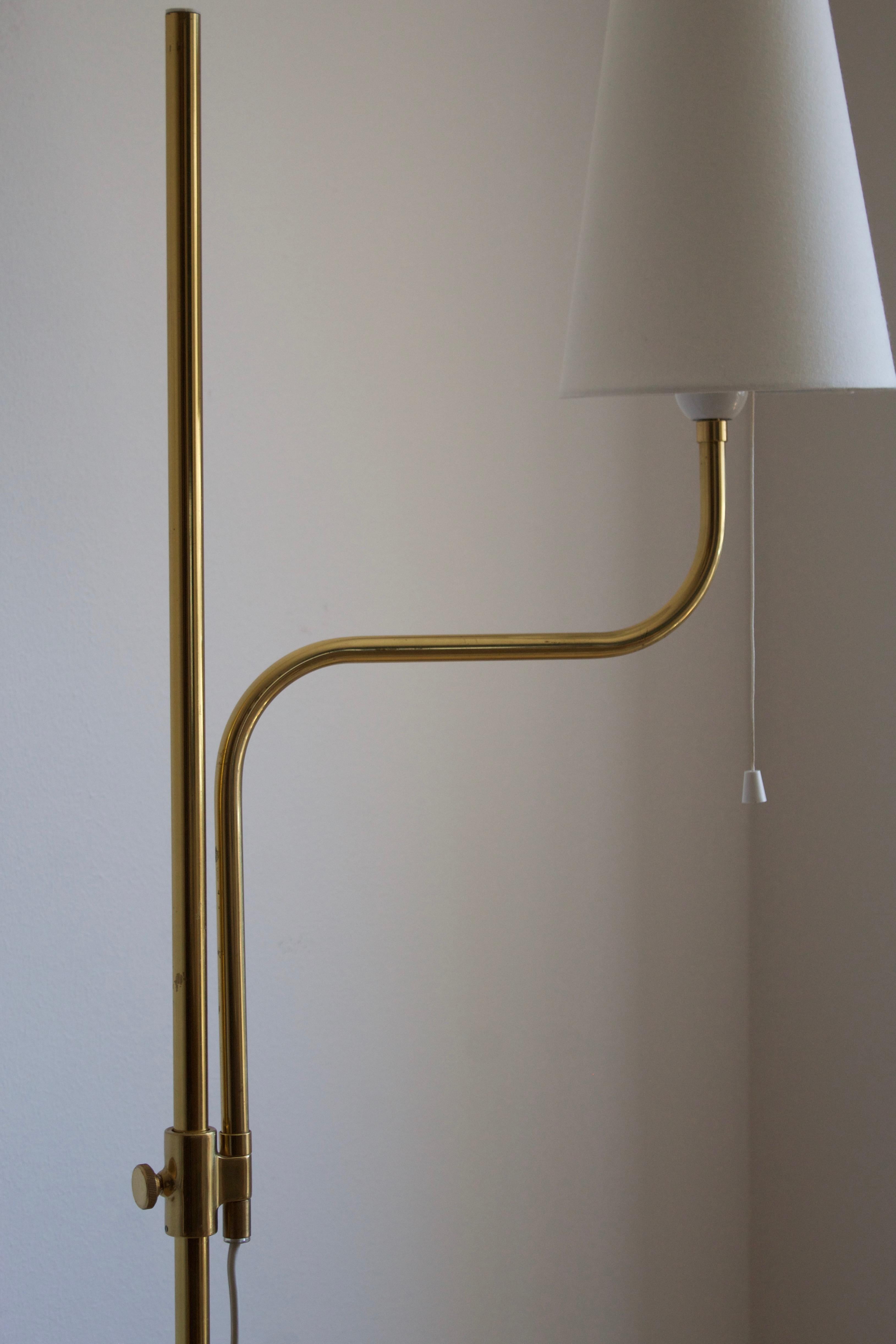 Mid-Century Modern Ewå Värnamo, Adjustable Floor Lamp, Brass, Fabric, Sweden, 1970s