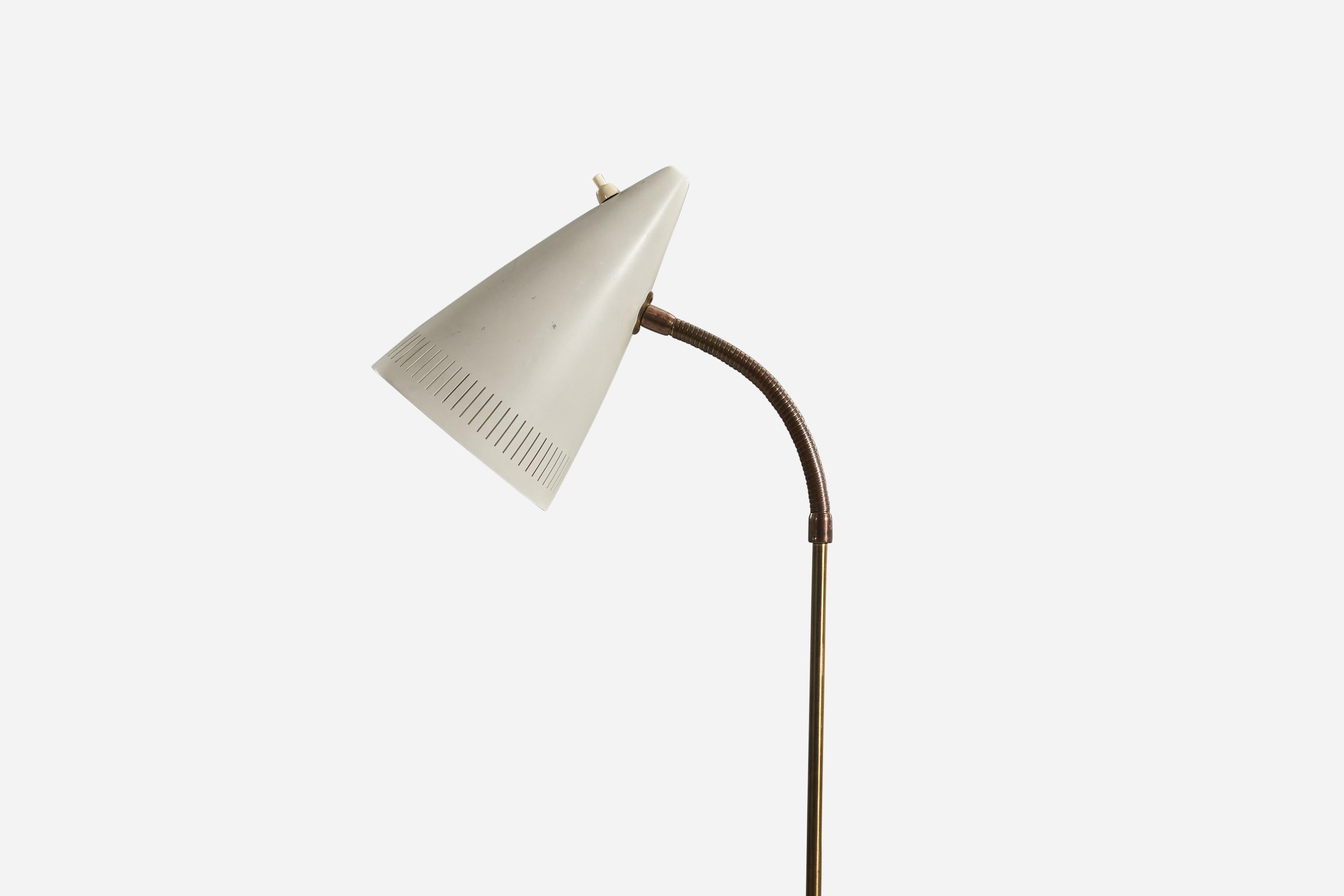 Mid-Century Modern Ewå Värnamo, Adjustable Floor Lamp, Brass, Lacquered Metal, Sweden, 1950s