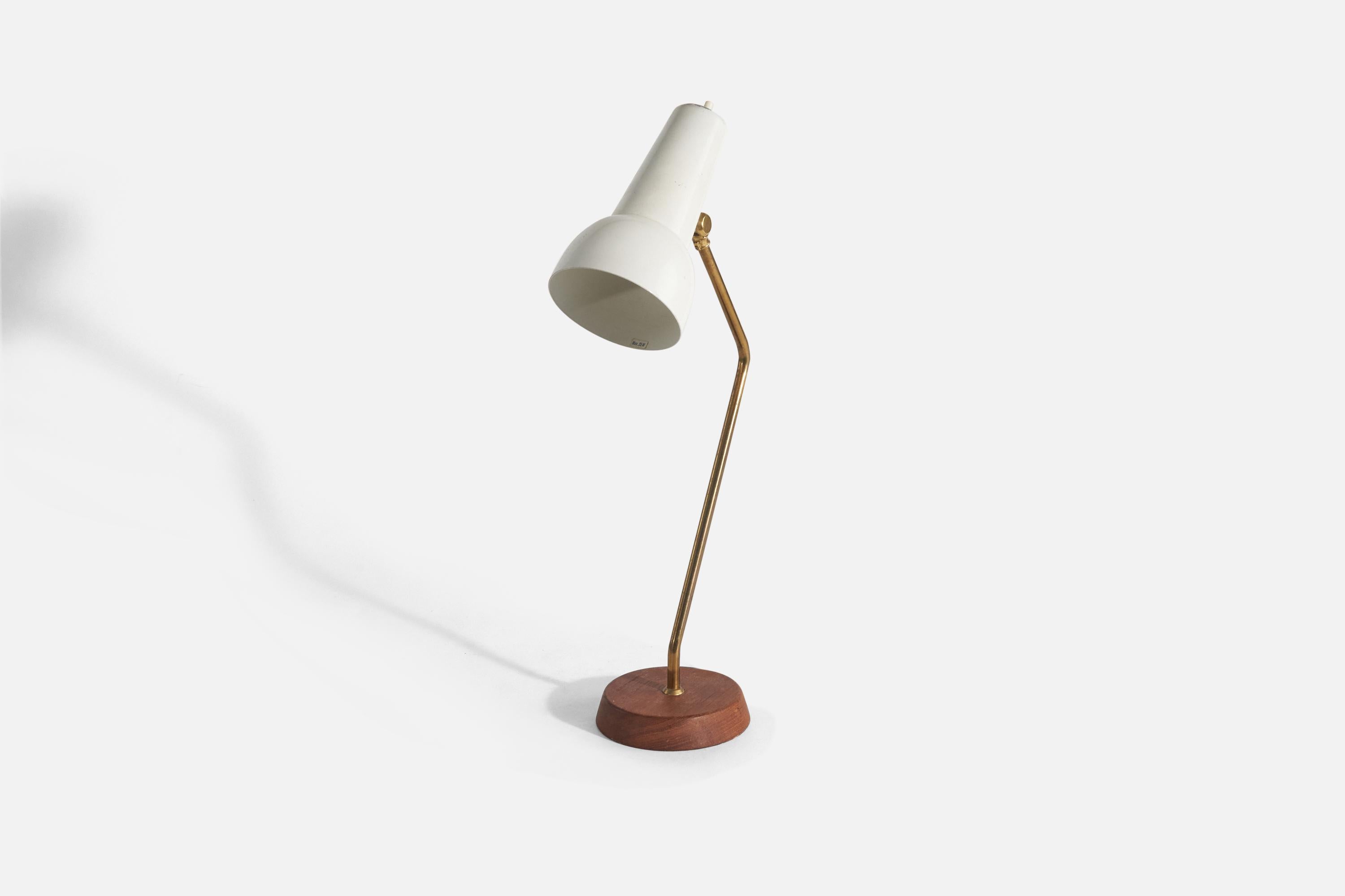 Mid-Century Modern Ewå Värnamo, Table Lamp, Teak, Brass, Lacquered Steel, Sweden, 1960s For Sale