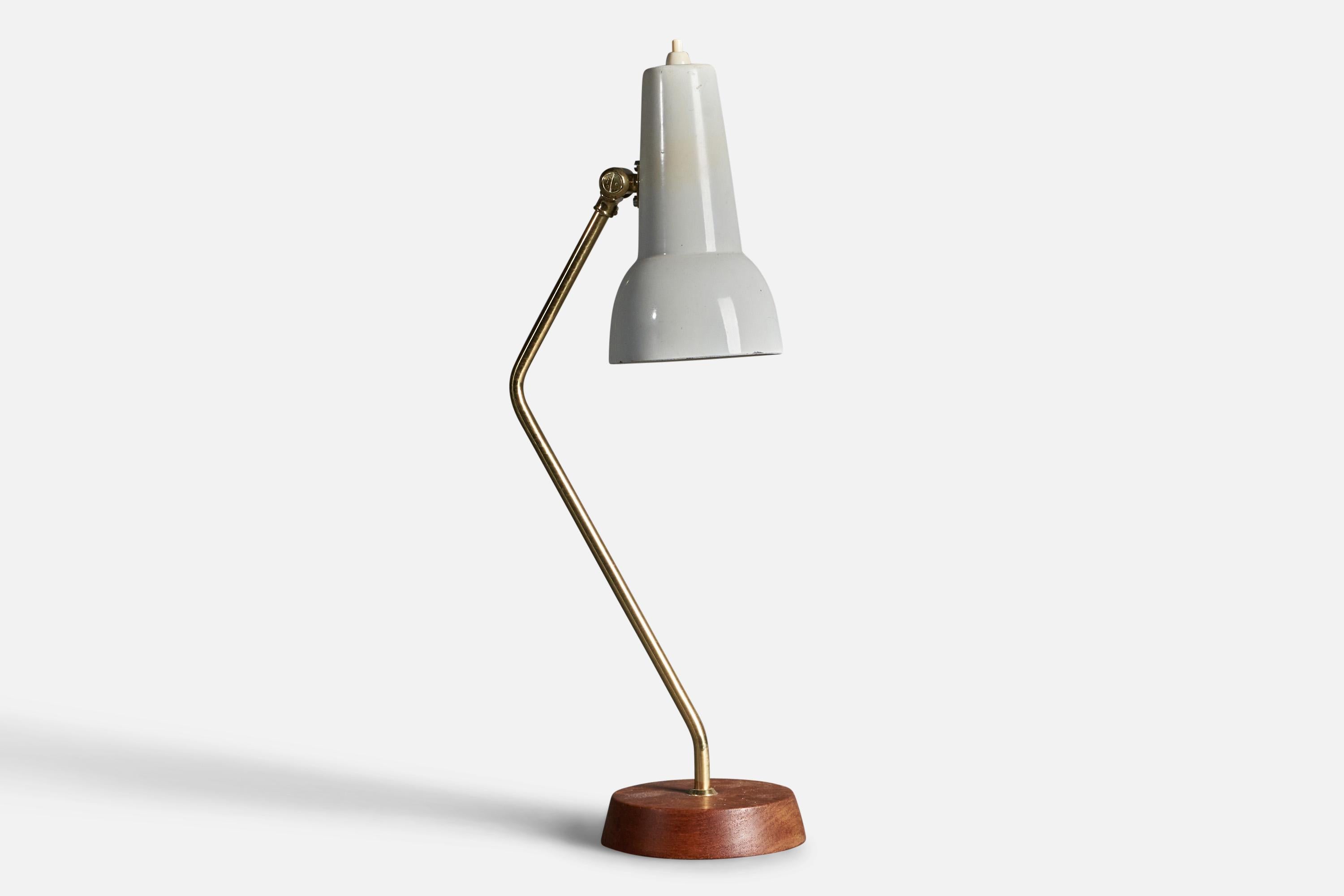 Swedish Ewå Värnamo, Desk Light / Table Lamp, Teak, Brass, Lacquered Steel, Sweden 1960s For Sale