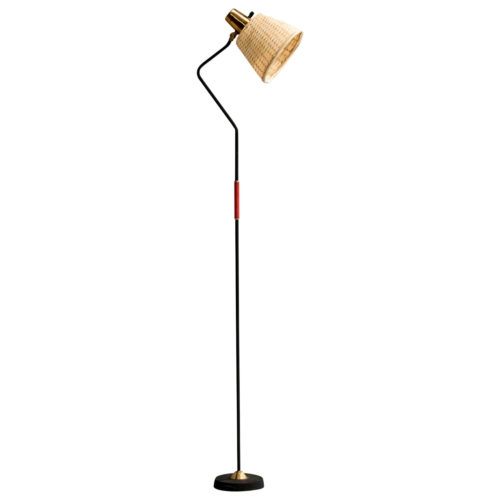 Ewå Värnamo, lampadaire, métal, laiton, plastique, rotin, Suède, années 1950