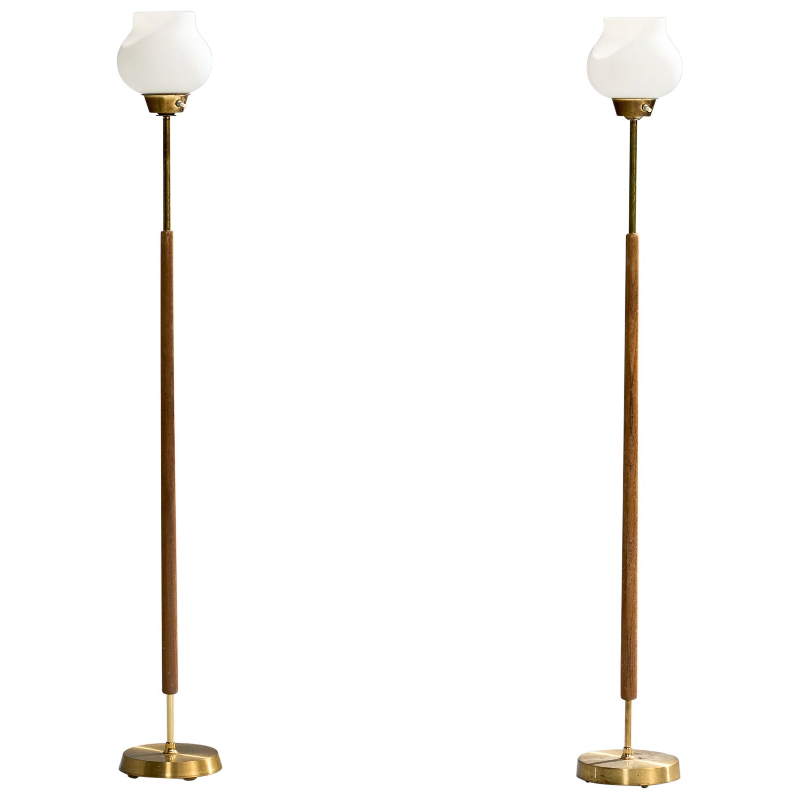 EWÅ Värnamo, Floor Lamps, Brass, Teak, Glass, Sweden, 1960s