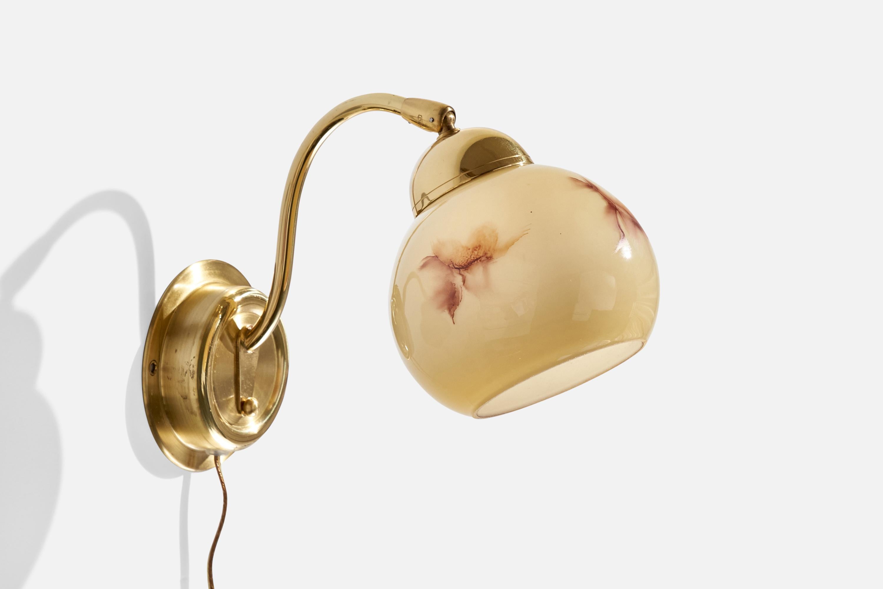  A brass and glass wall light produced by EWÅ Värnamo, Sweden, c. 1970s.

Overall Dimensions (inches):  7.75” H x  5.25” W x  7.375“D
Back Plate Dimensions (Inches): 4.25 ” H x 4.25” W x 1.125” D
Bulb Specifications: E-26 Bulbs
Number of Sockets