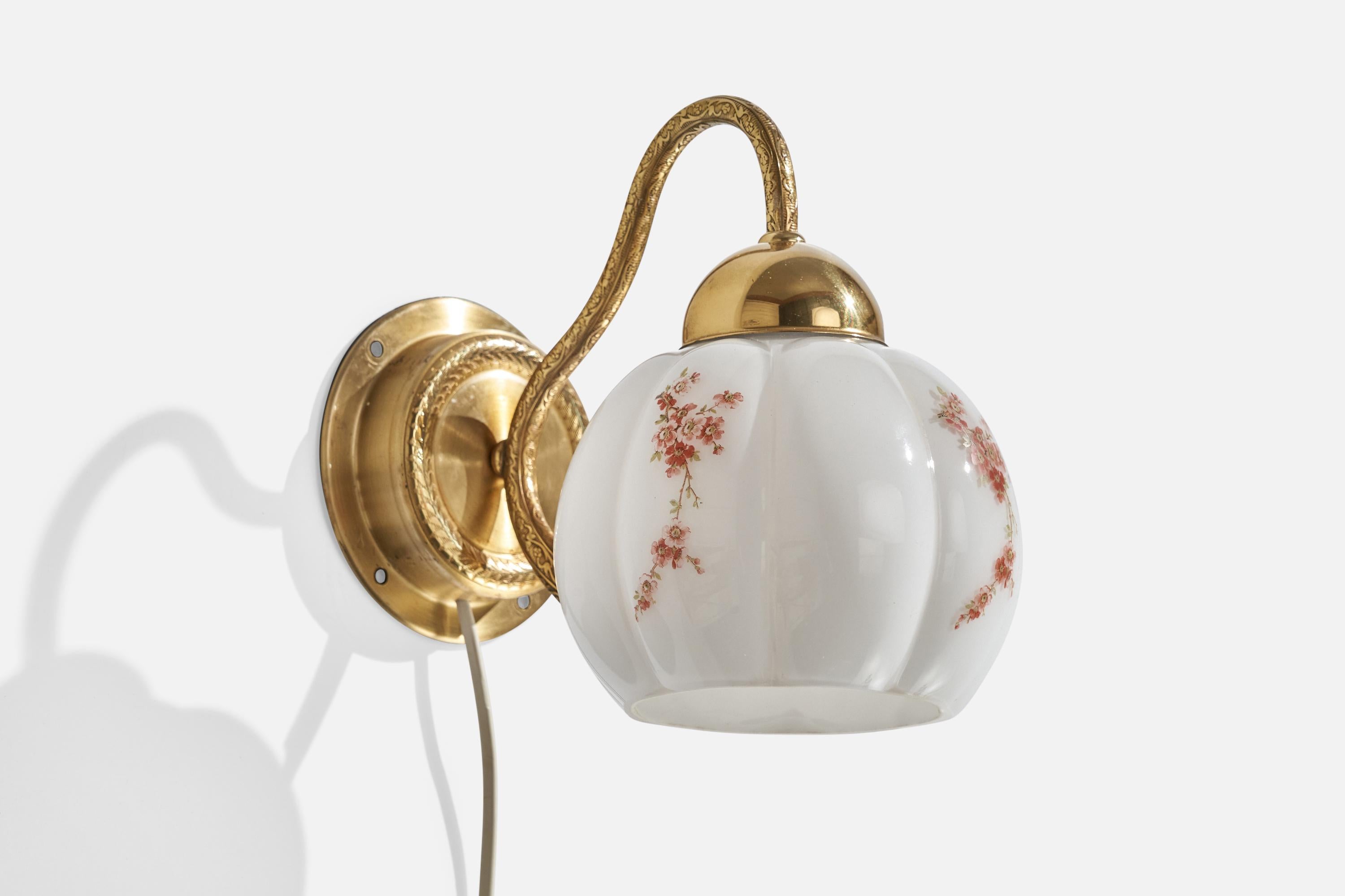 A brass and white opaline glass wall light produced by EWÅ Värnamo, Sweden, c. 1970s.

Overall Dimensions (inches):  7.75” H x  5.25” W x  8.5“D
Back Plate Dimensions (Inches): 4.25 ” H x 4.25 ” W x 121.125” D
Bulb Specifications: E-26 Bulbs
Number
