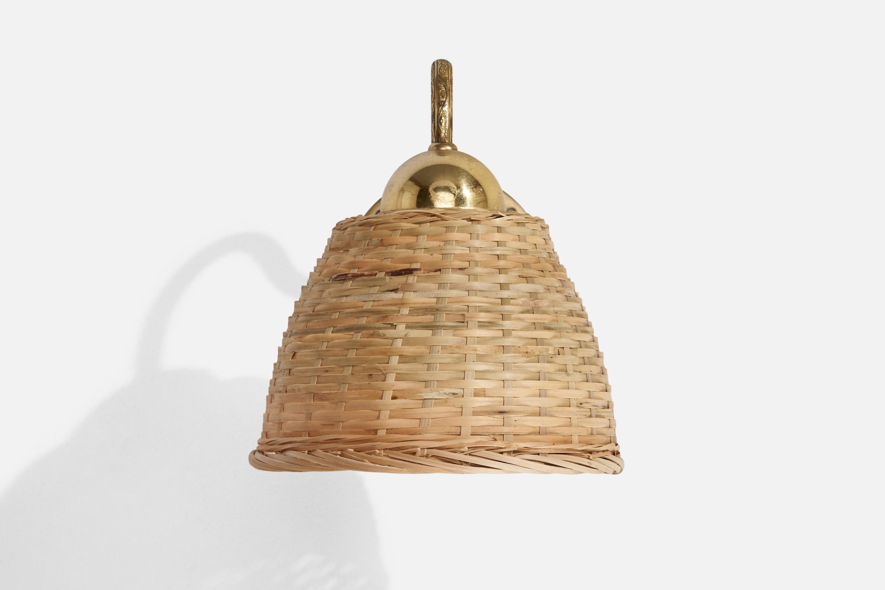 Swedish EWÅ Värnamo, Wall Light, Brass, Rattan, Sweden, 1970s For Sale