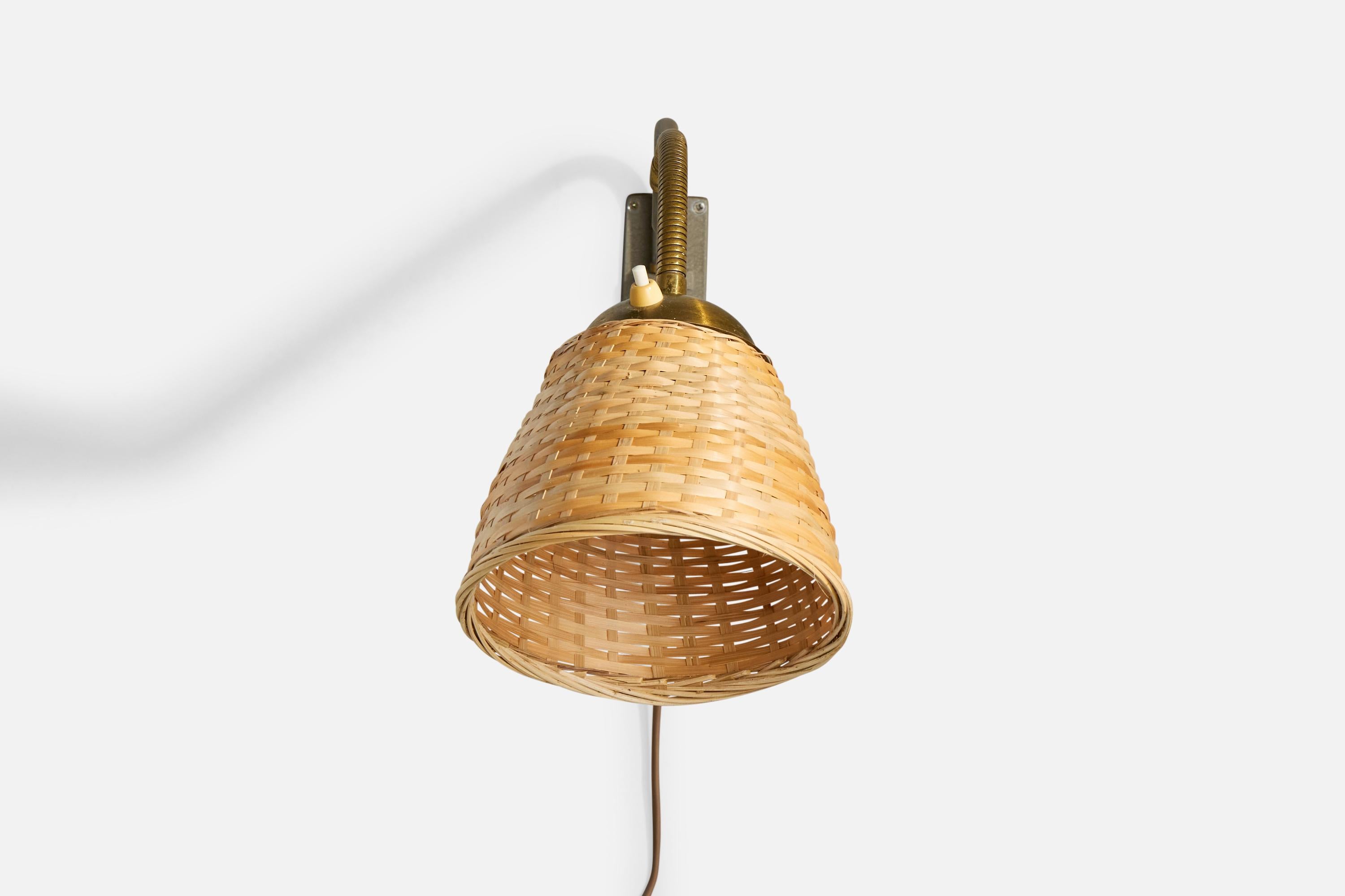 Mid-Century Modern EWÅ Värnamo, Wall Light, Iron, Brass, Rattan, Sweden, 1950s For Sale