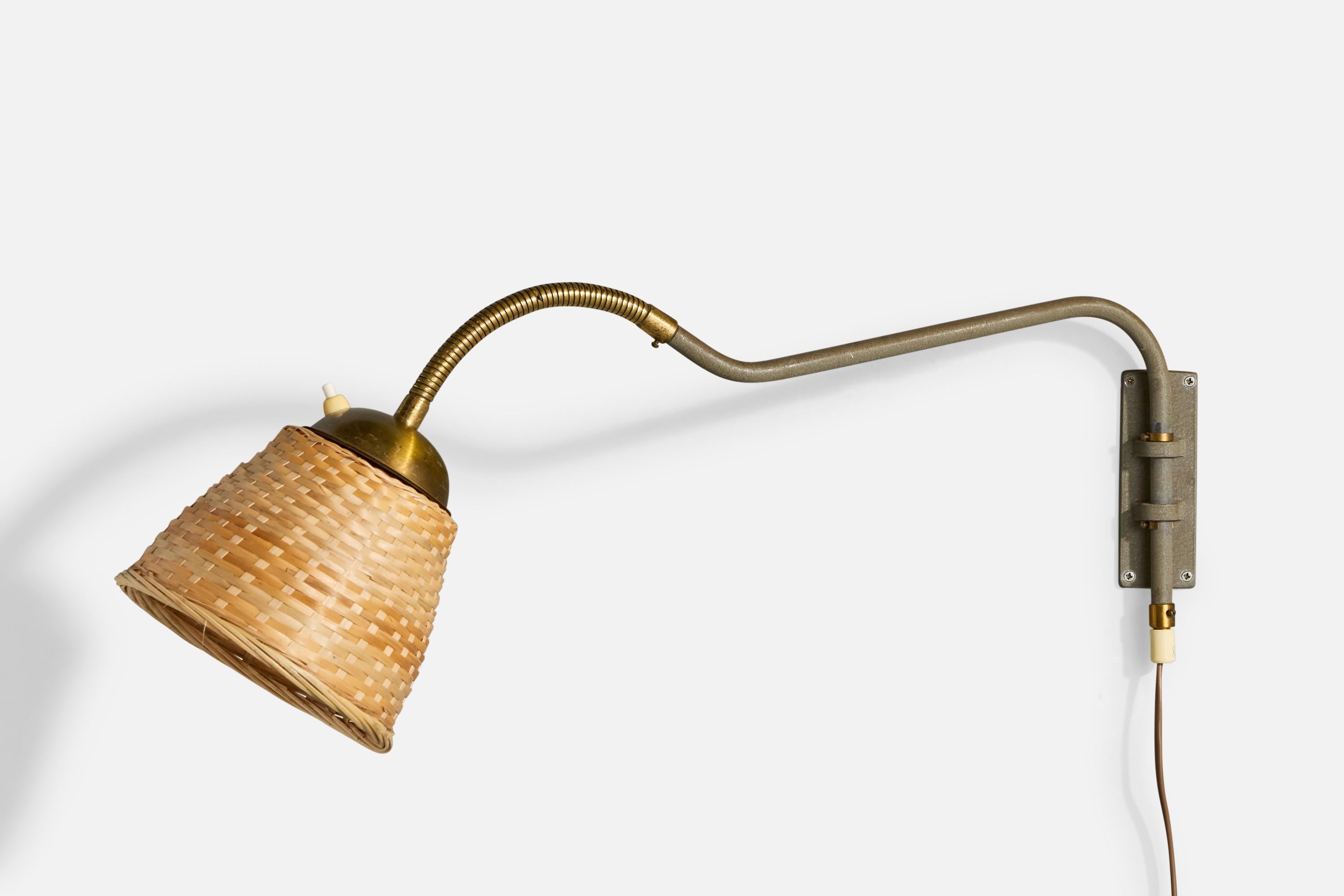 Swedish EWÅ Värnamo, Wall Light, Iron, Brass, Rattan, Sweden, 1950s For Sale