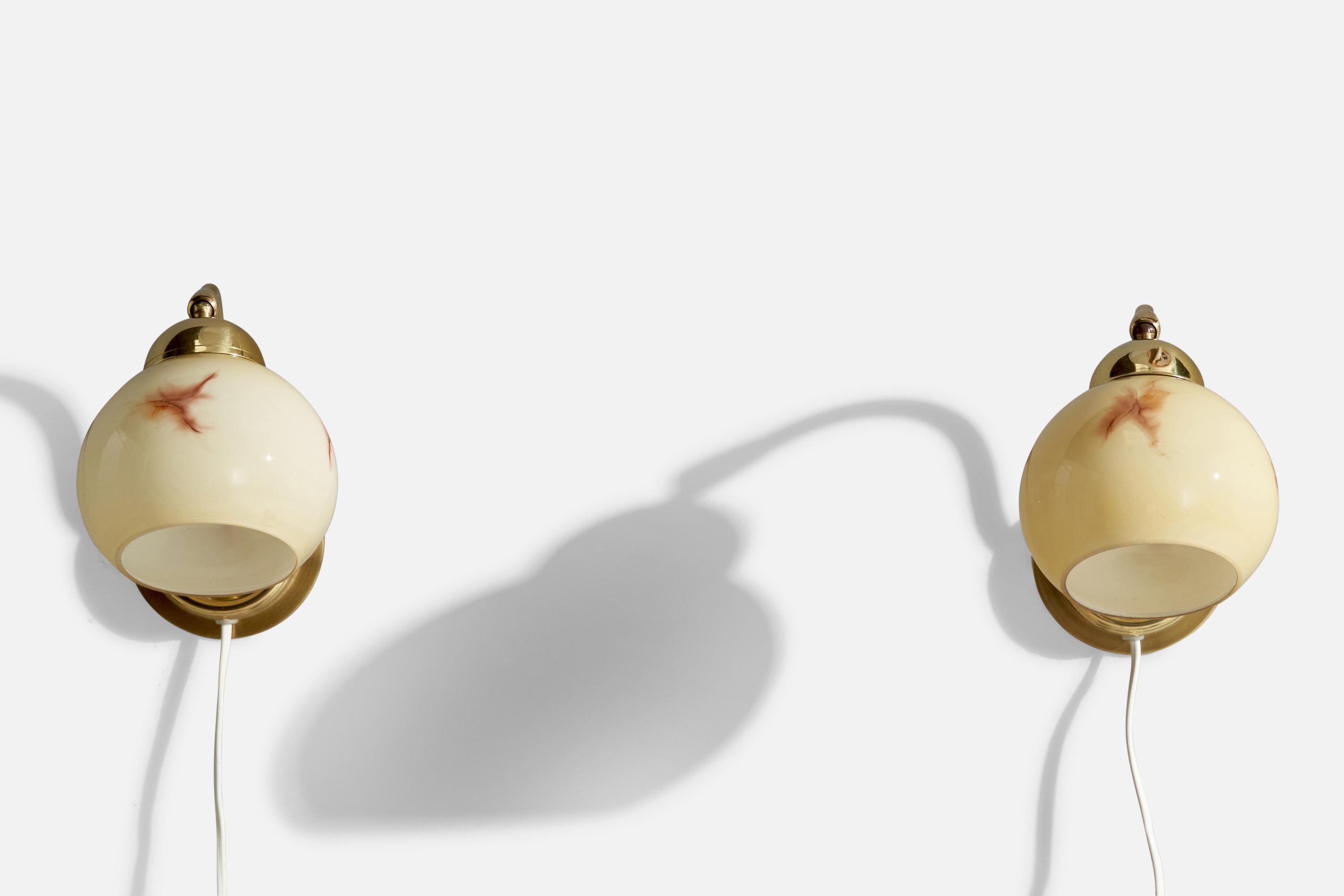 Scandinavian Modern EWÅ Värnamo, Wall Lights, Brass, Glass, Sweden, 1970s