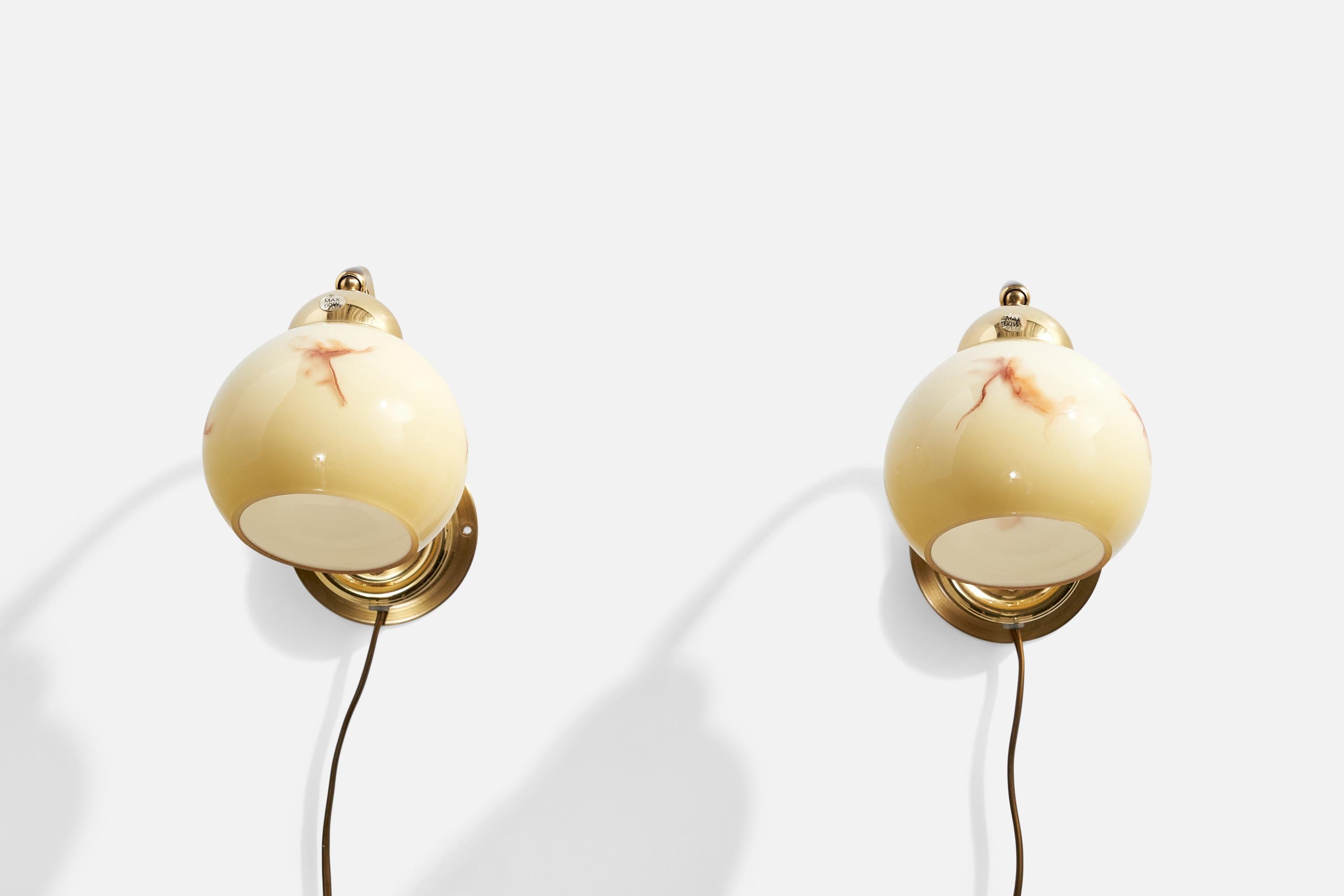 Swedish EWÅ Värnamo, Wall Lights, Brass, Glass, Sweden, 1970s For Sale