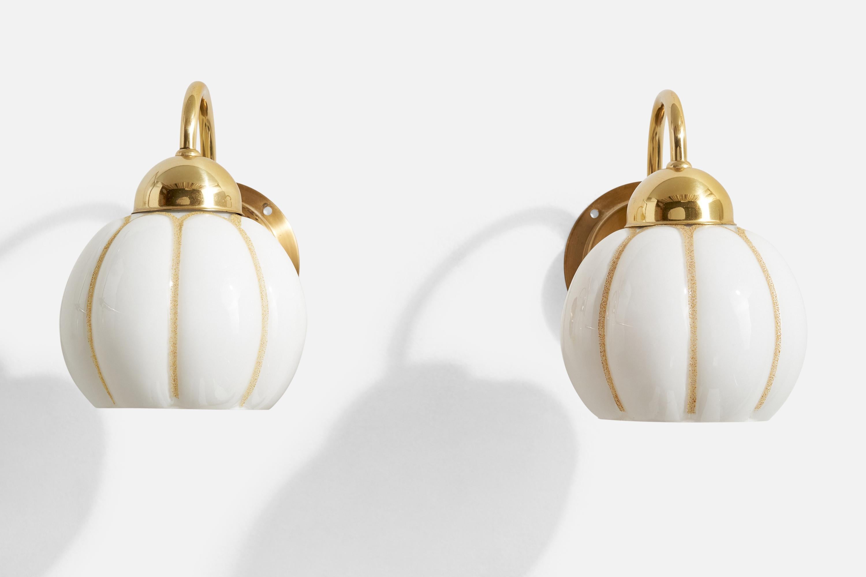 Scandinavian Modern EWÅ Värnamo, Wall Lights, Brass, Glass, Sweden, 1970s For Sale