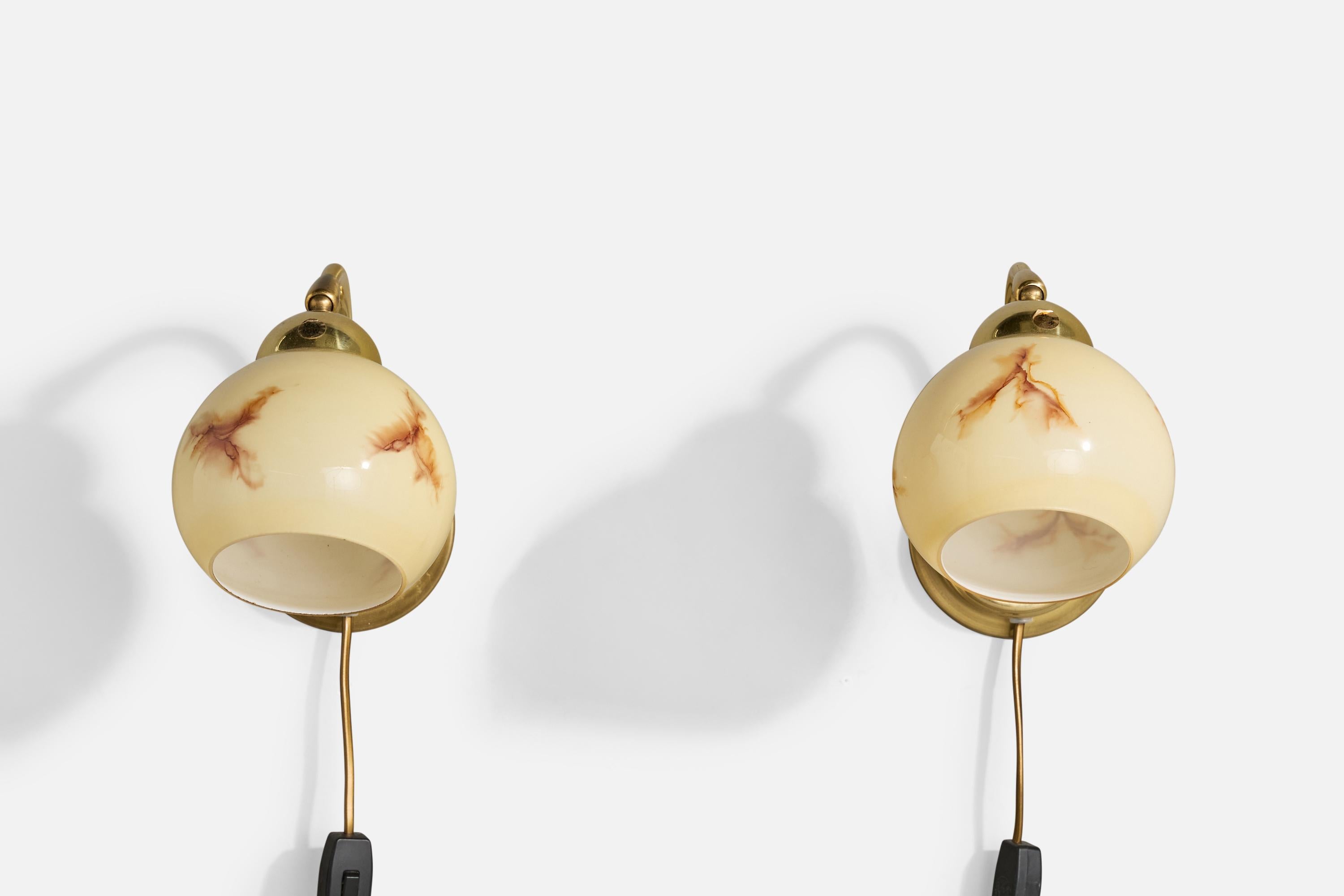 Mid-Century Modern EWÅ Värnamo, Wall Lights, Brass, Glass, Sweden, 1970s For Sale