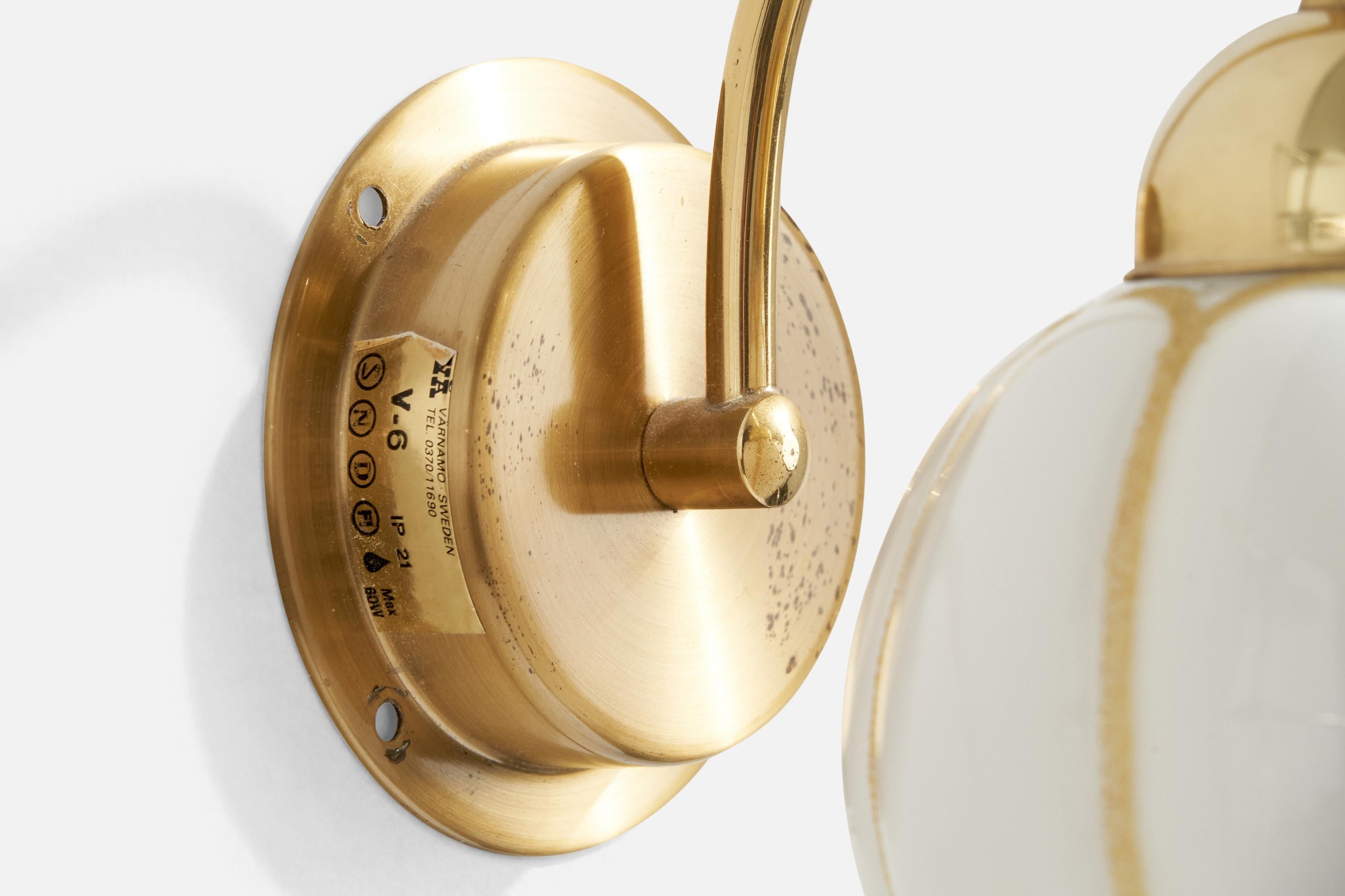 EWÅ Värnamo, Wall Lights, Brass, Glass, Sweden, 1970s For Sale 1