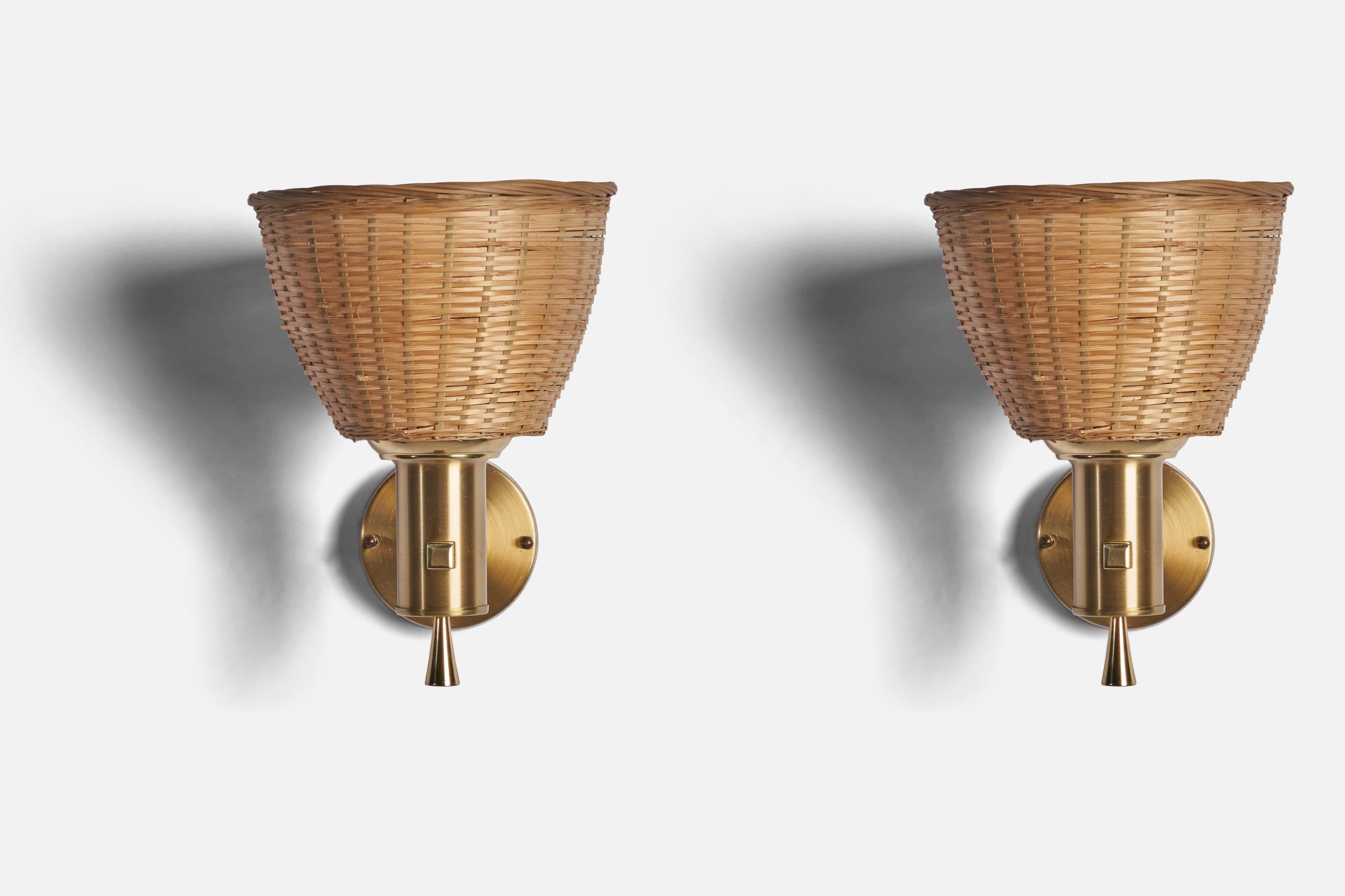 Ewå Värnamo, Wall Lights, Brass, Rattan, Sweden, 1960s In Good Condition For Sale In High Point, NC