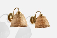 EWÅ Värnamo, Wall Lights, Brass, Rattan, Sweden, 1970s