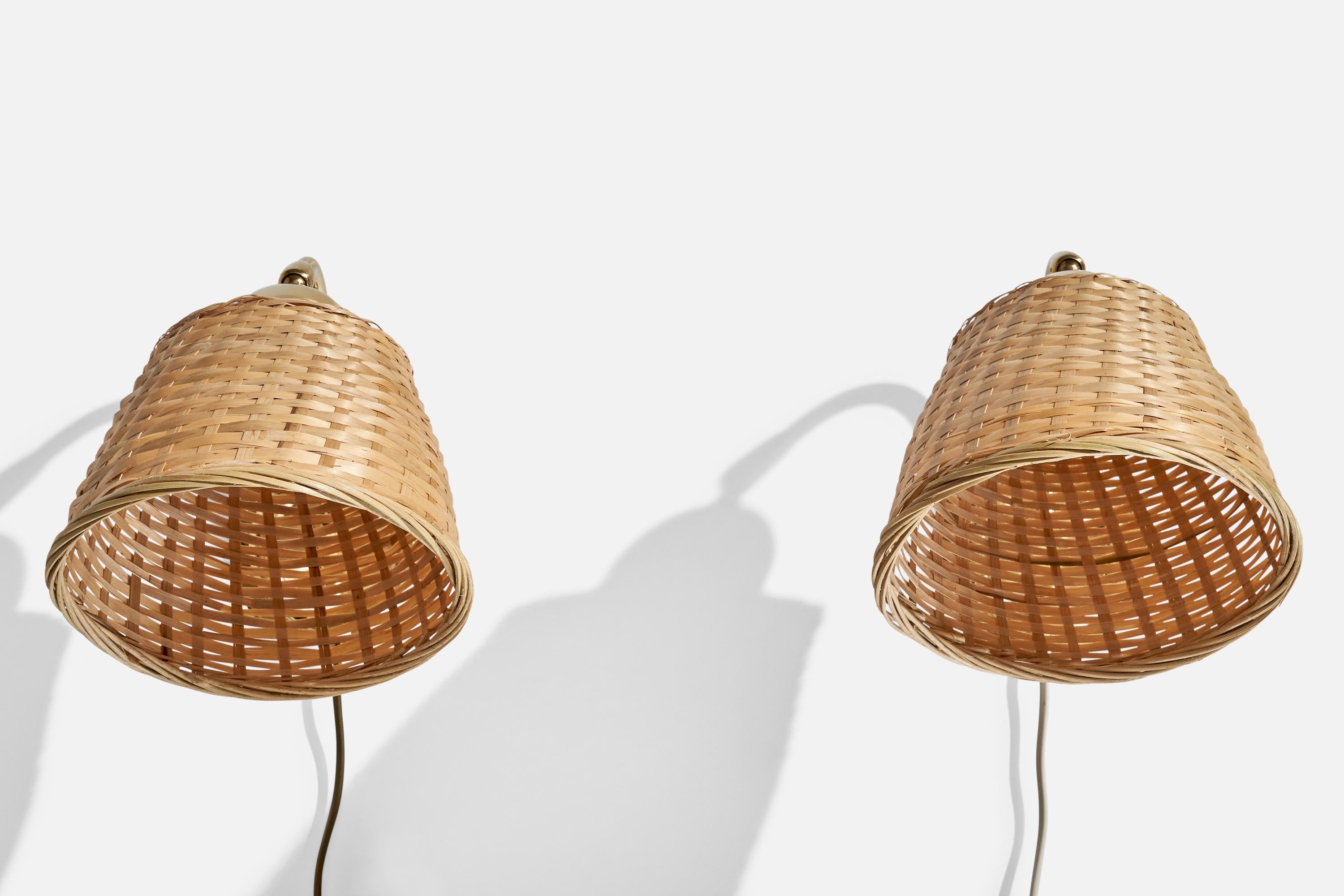 Swedish EWÅ Värnamo, Wall Lights, Brass, Rattan, Sweden, 1970s For Sale