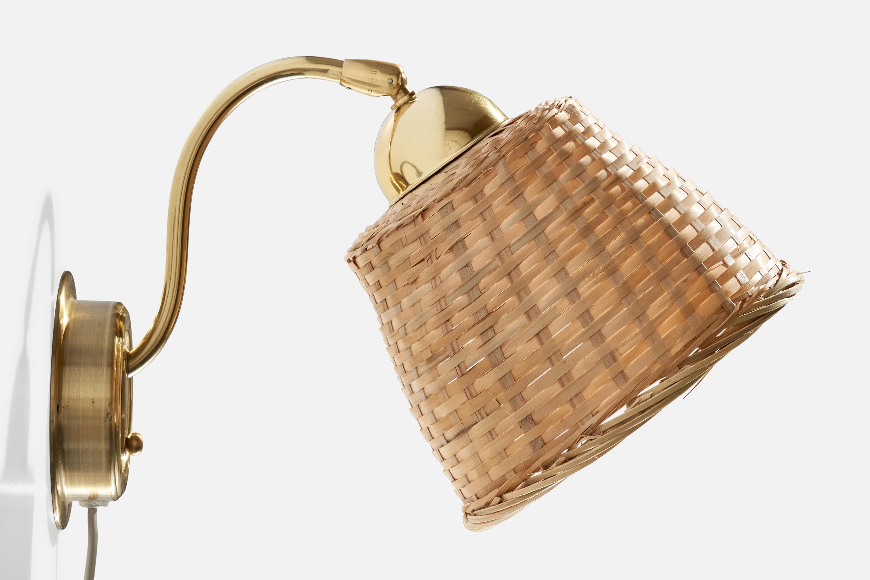 Late 20th Century EWÅ Värnamo, Wall Lights, Brass, Rattan, Sweden, 1970s For Sale