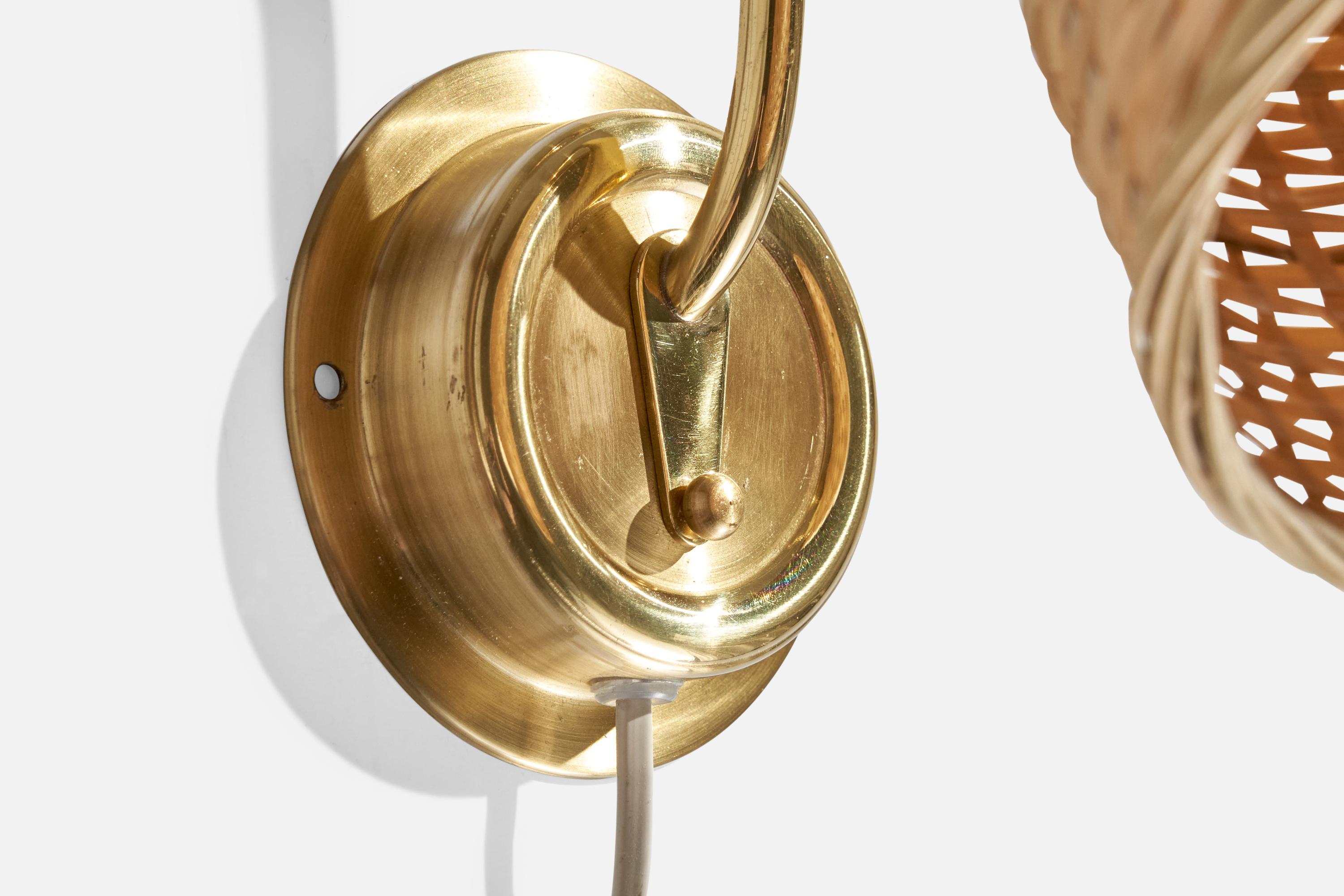 EWÅ Värnamo, Wall Lights, Brass, Rattan, Sweden, 1970s For Sale 1