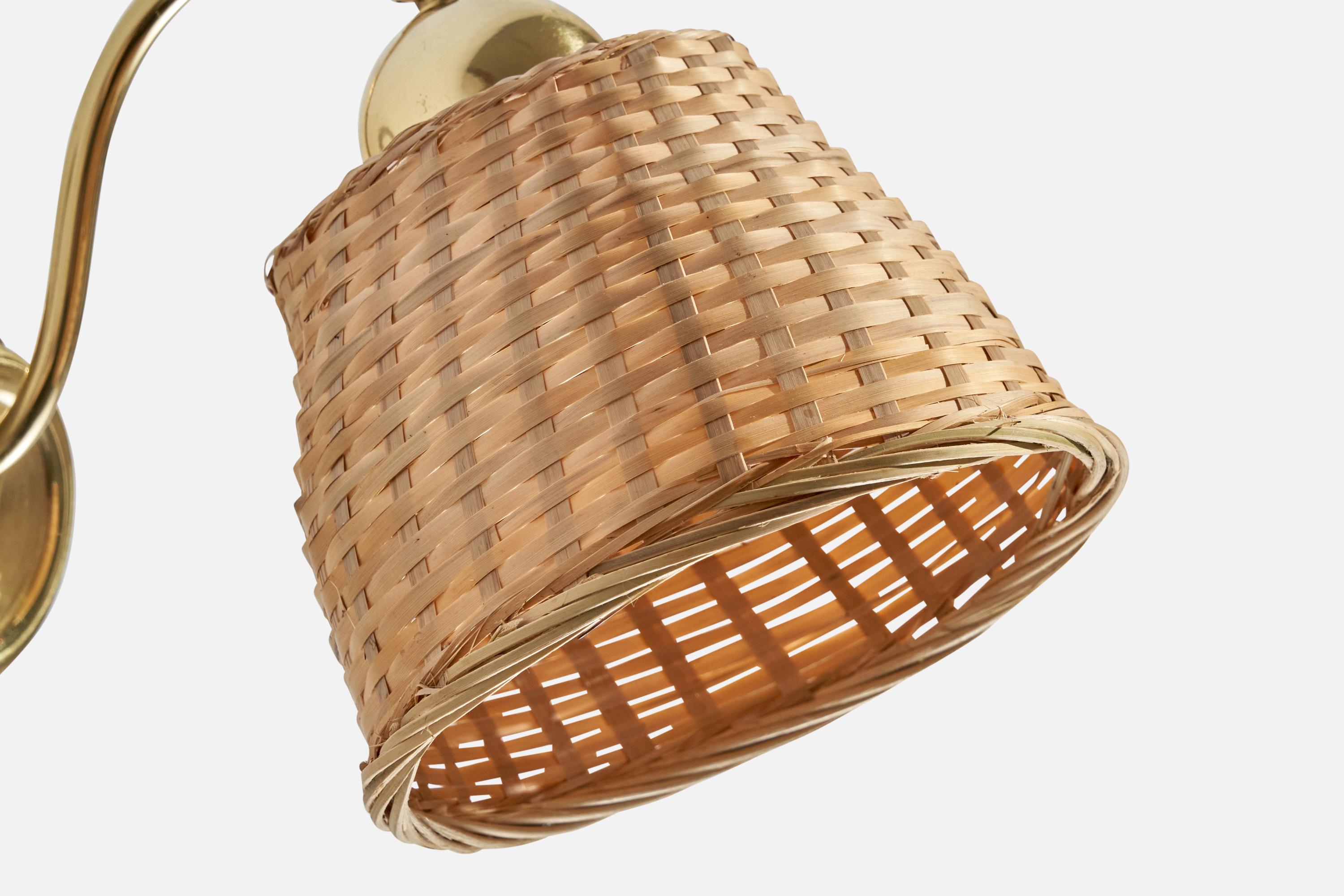 EWÅ Värnamo, Wall Lights, Brass, Rattan, Sweden, 1970s For Sale 2