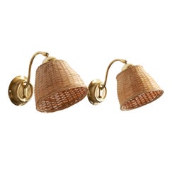 EWÅ Värnamo, Wall Lights, Brass, Rattan, Sweden, 1970s