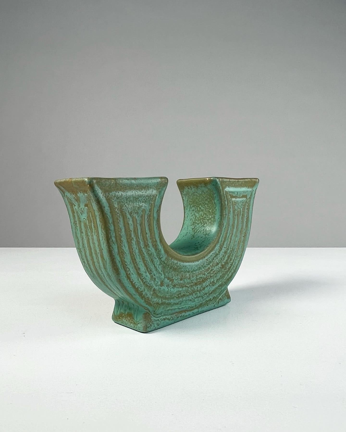 Swedish Ewald Dahlskog Double Sided Stoneware Vase Bo Fajans Sweden Smaragd 1938 For Sale
