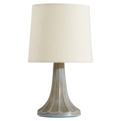 Vintage  Ewald Dahlskog, Fluted Table Lamp, Blue-Glazed Earthenware, Sweden, 1940s