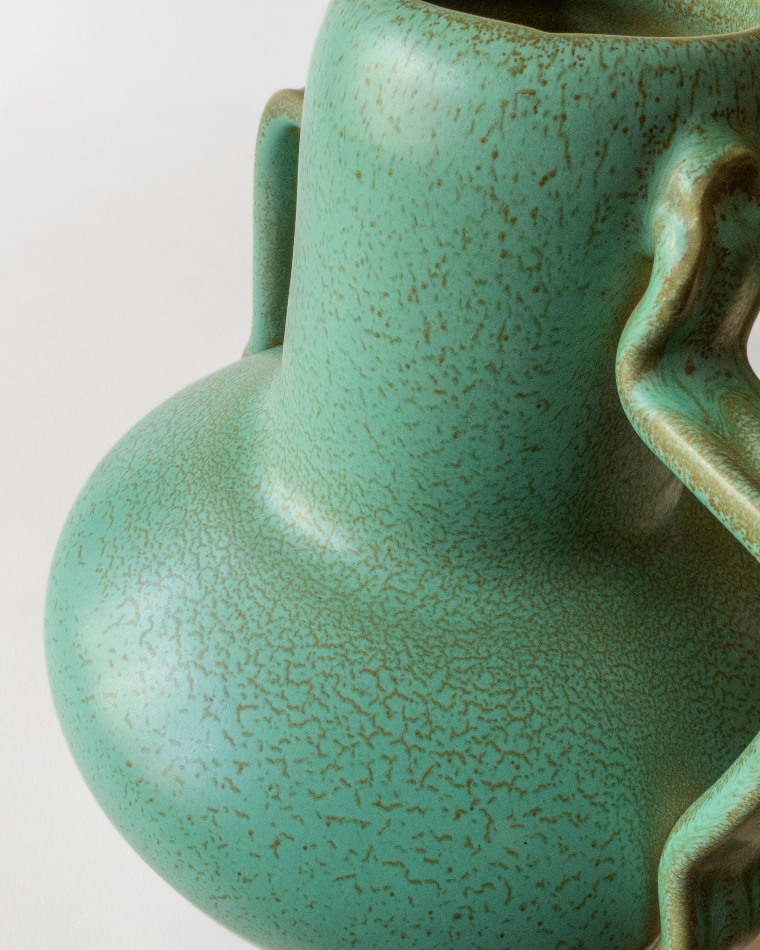 Scandinavian Modern Ewald Dahlskog for Bo Fajans, Swedish Speckled Green Glaze Vase with Handles