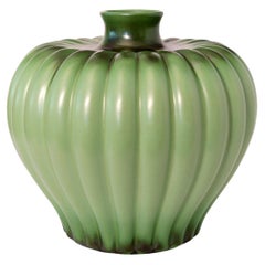 Vintage Ewald Dahlskog green apple glazed vase, Bo Fajans, Sweden 1940