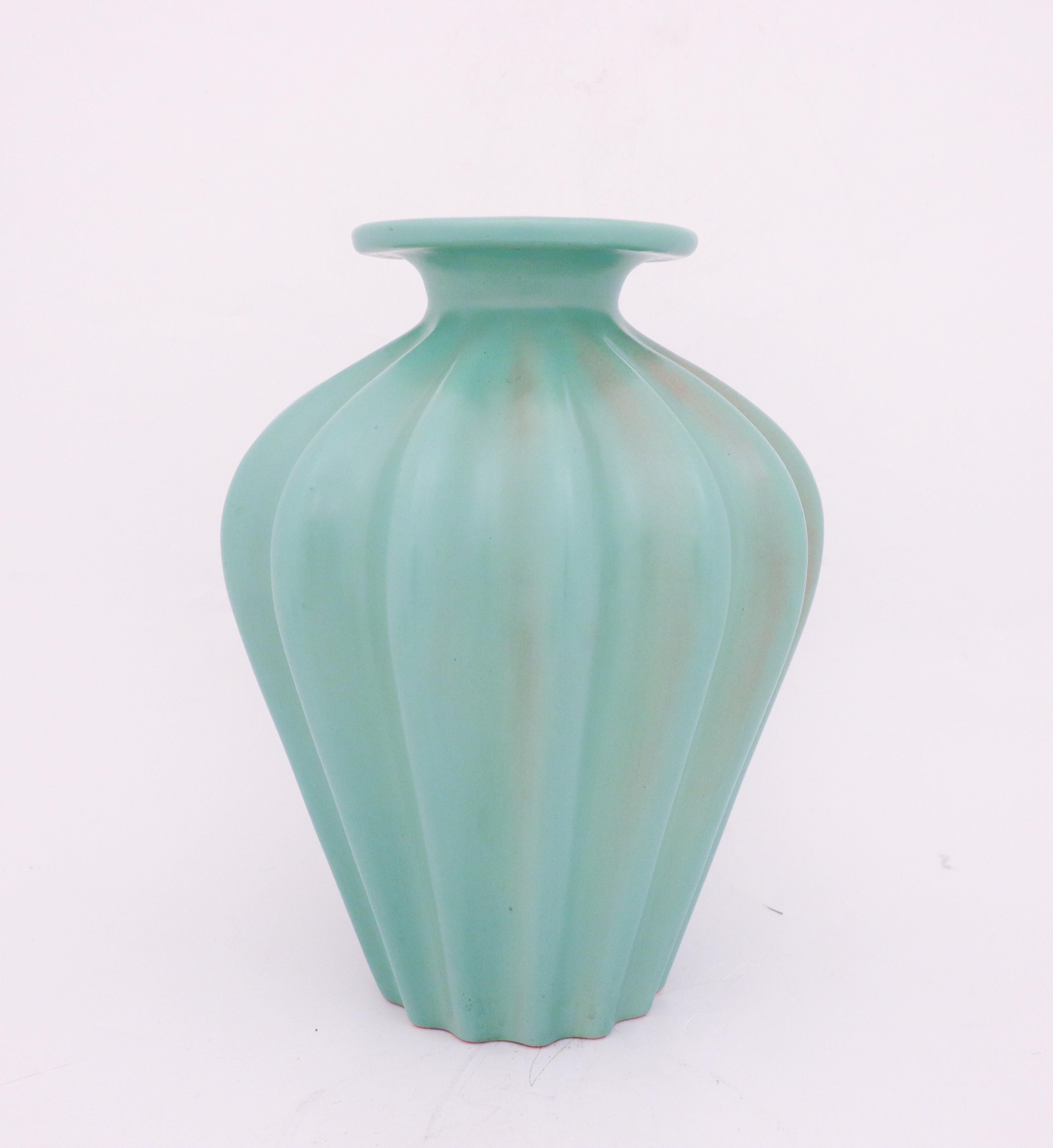 Scandinavian Modern Ewald Dahlskog, Large Turquoise Art Deco Floor Vase, Bo Fajans, Sweden, 1930s For Sale