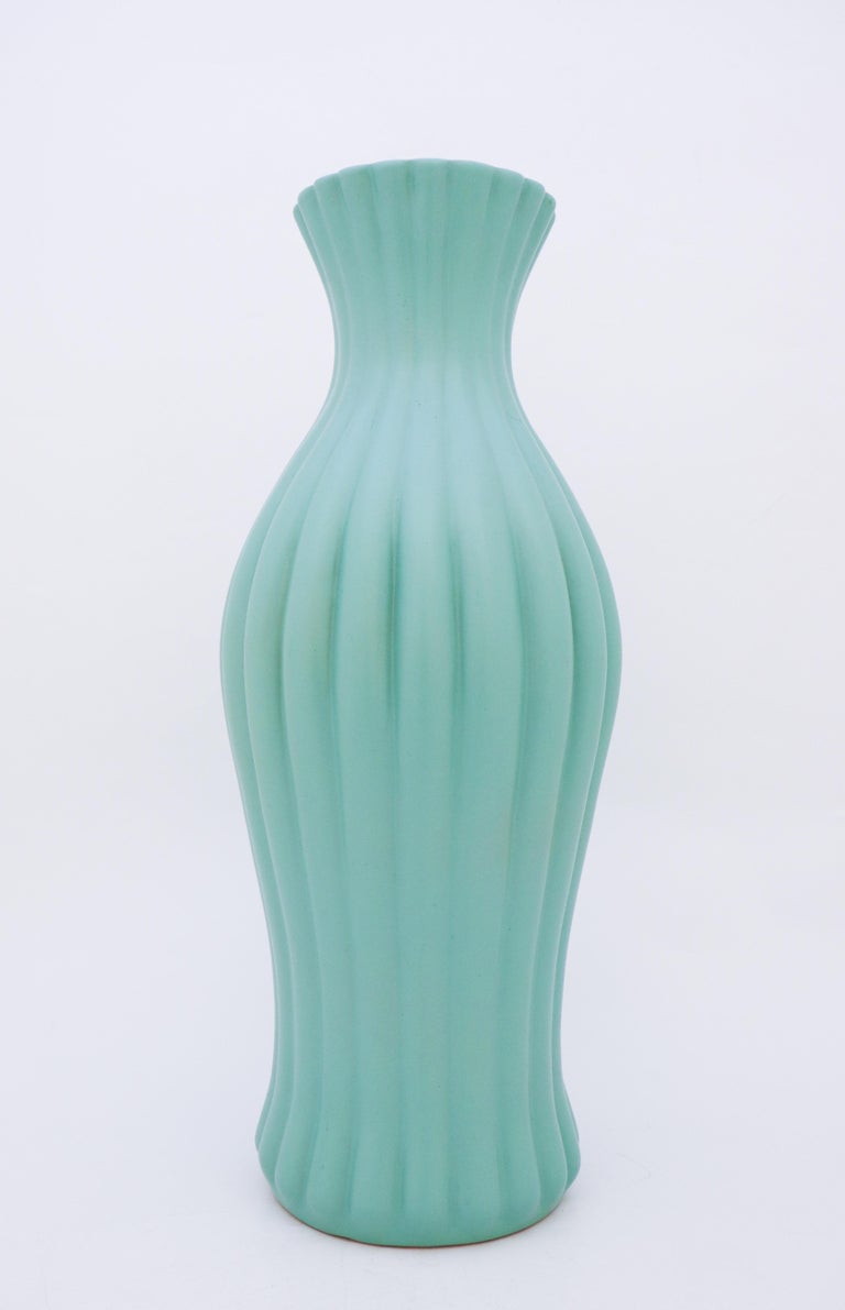 Glazed Ewald Dahlskog, Large Turquoise Floor Vase, Bo Fajans, Sweden, 1930s For Sale