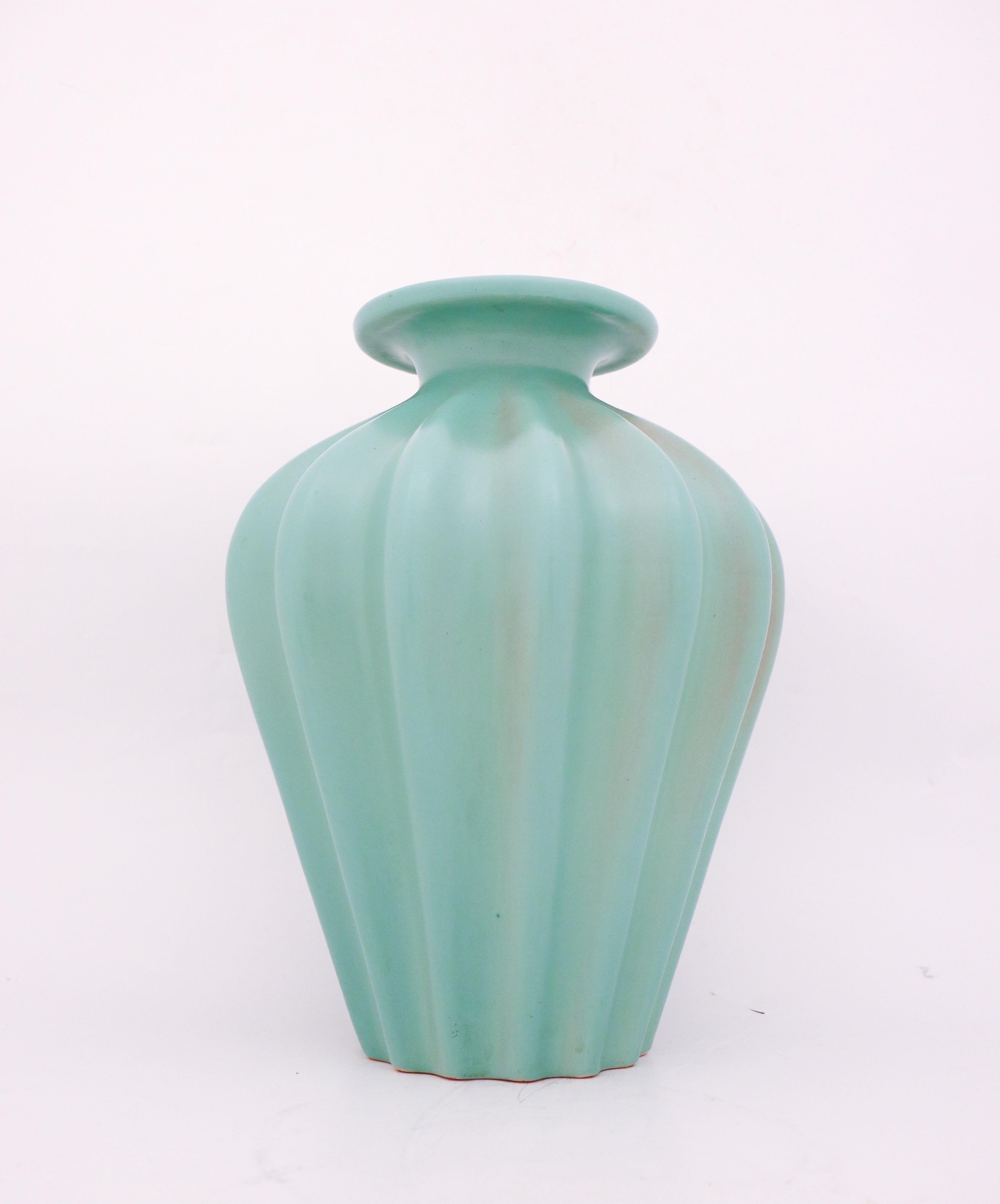 Glazed Ewald Dahlskog, Large Turquoise Art Deco Floor Vase, Bo Fajans, Sweden, 1930s For Sale